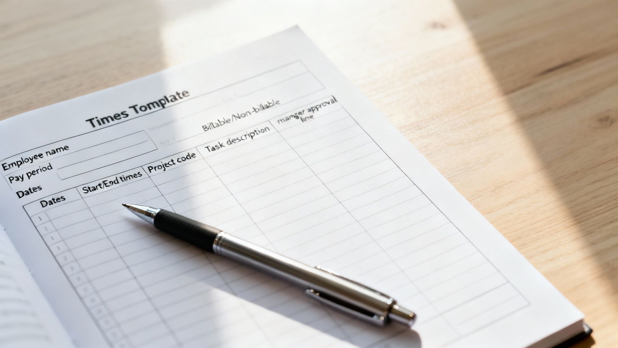 A blank timesheet template with a pen on a wooden table, ready for time tracking.