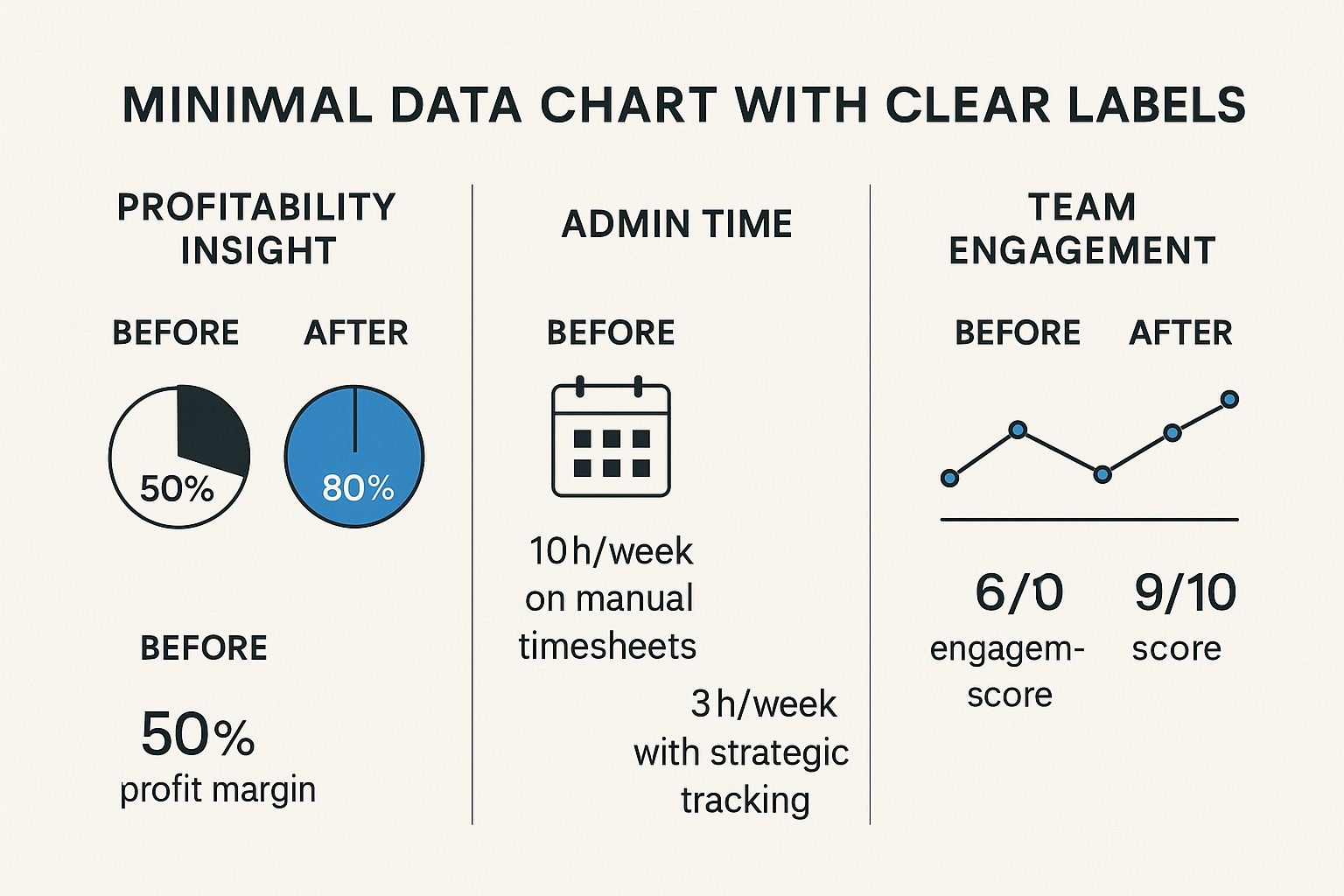Infographic comparing business metrics before and after implementing strategic time tracking, showing improvements in profitability, administrative time, and team engagement.