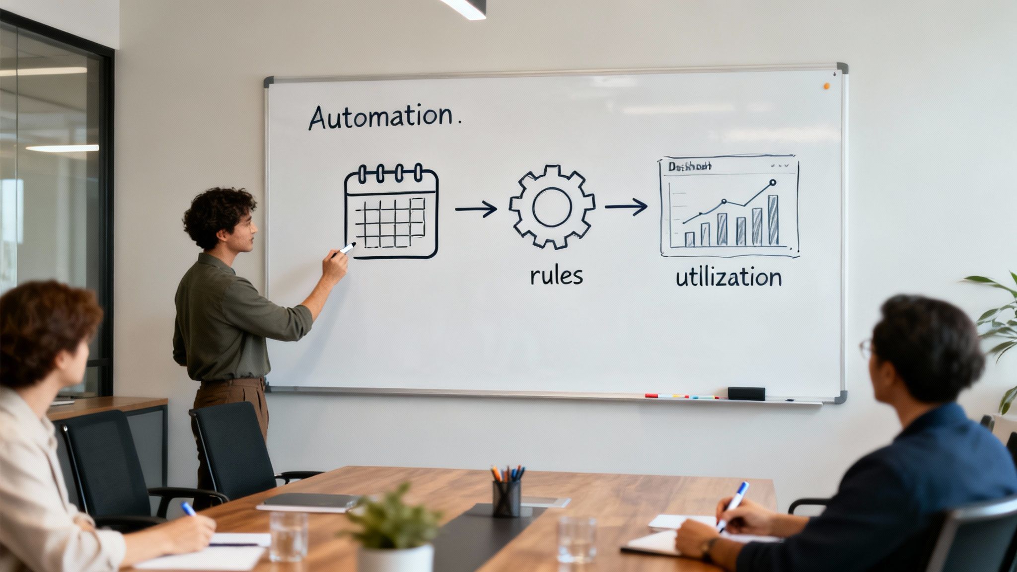 A man presents an automation workflow diagram on a whiteboard to two people in a modern meeting room.
