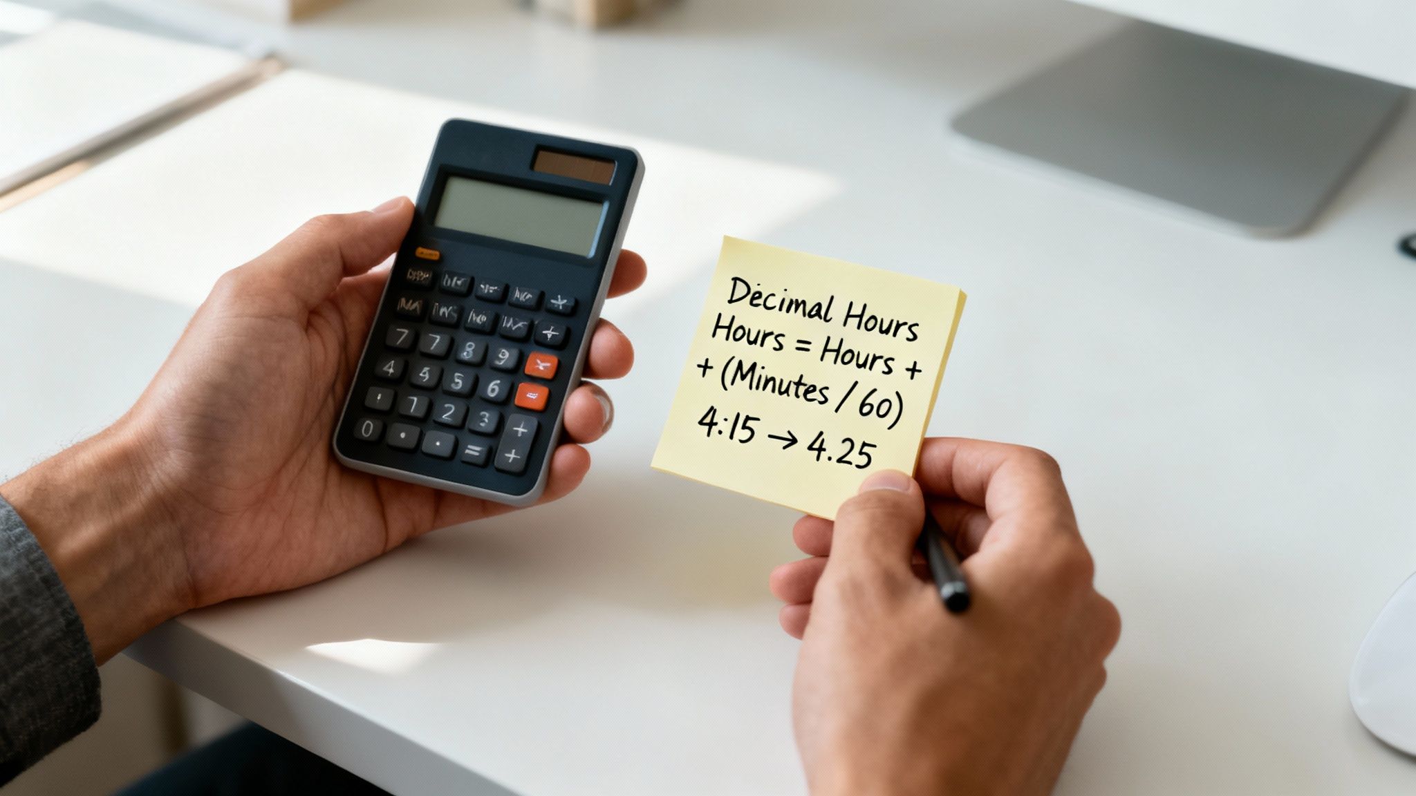 A person holds a calculator and a sticky note explaining how to convert time to decimal hours.