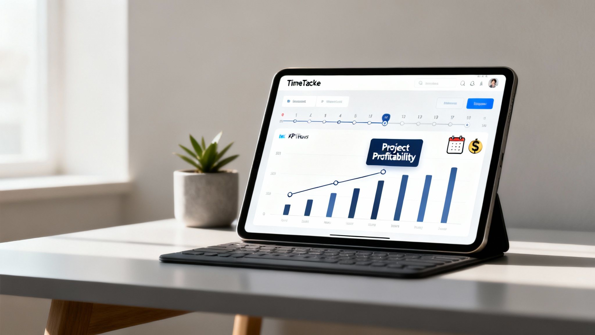 Close-up of a tablet displaying TimeTacke project profitability and KPI dashboard on a white desk.