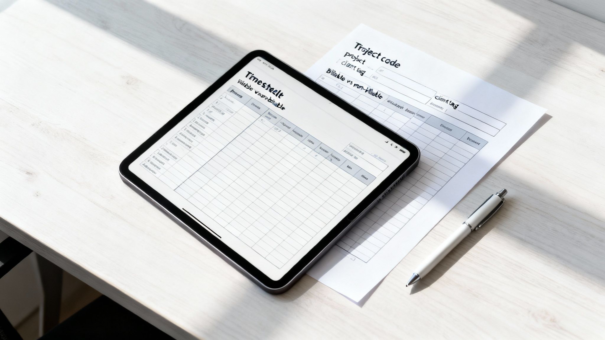 Tablet displaying a timesheet application alongside a paper project tracking template and a pen.