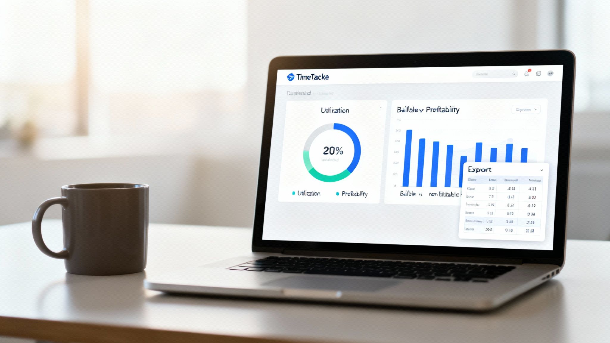 A laptop on a desk displaying a TimeTacke dashboard with utilization and profitability charts, beside a coffee mug.