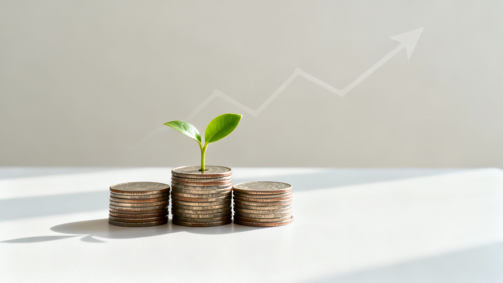 Stacks of coins with a growing plant and an upward trend arrow, symbolizing financial growth and investment.