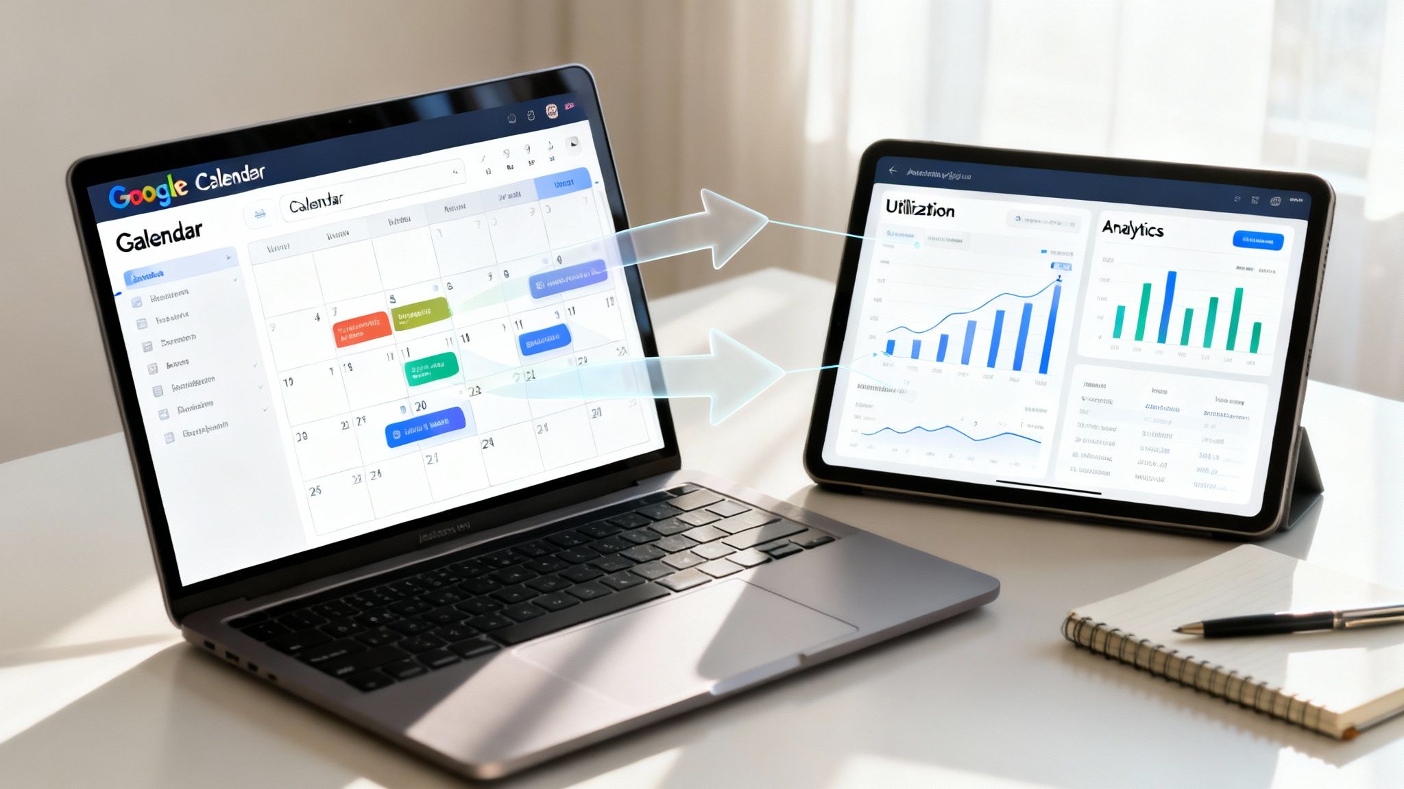 Laptop displaying Google Calendar syncing with a tablet showing project analytics dashboards.