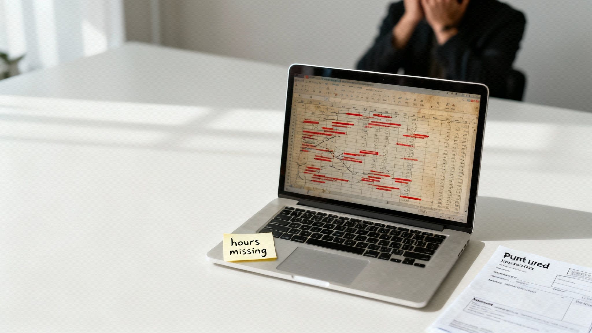 A laptop displays a spreadsheet with red marks and a sticky note reading "hours missing." A person looks stressed.