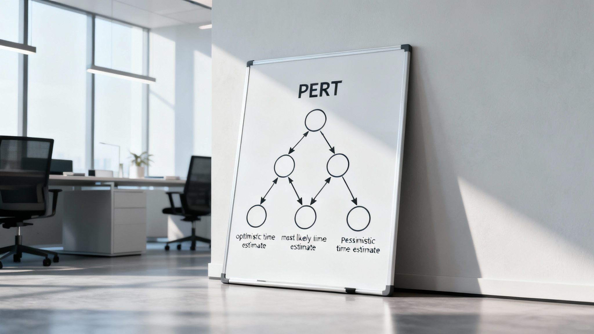 A visual representation of a PERT chart with interconnected nodes showing task dependencies.