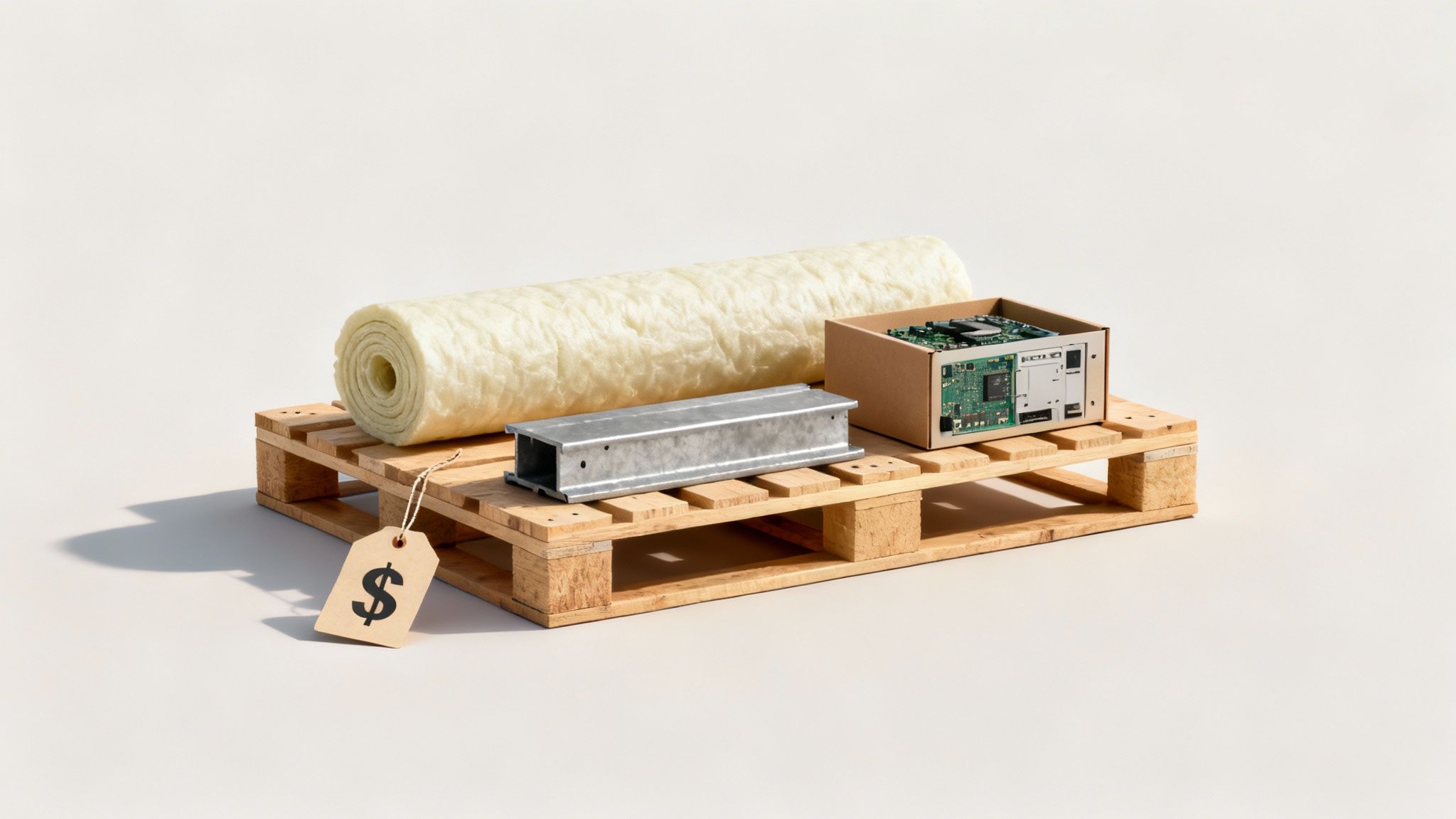 Wooden pallet with insulation roll, metal beam, electronics, and dollar sign price tag