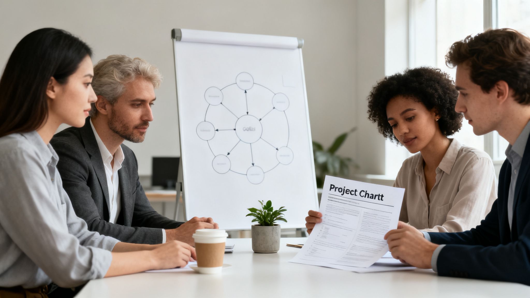 Four diverse business professionals collaborate during a project planning meeting with a whiteboard and documents.