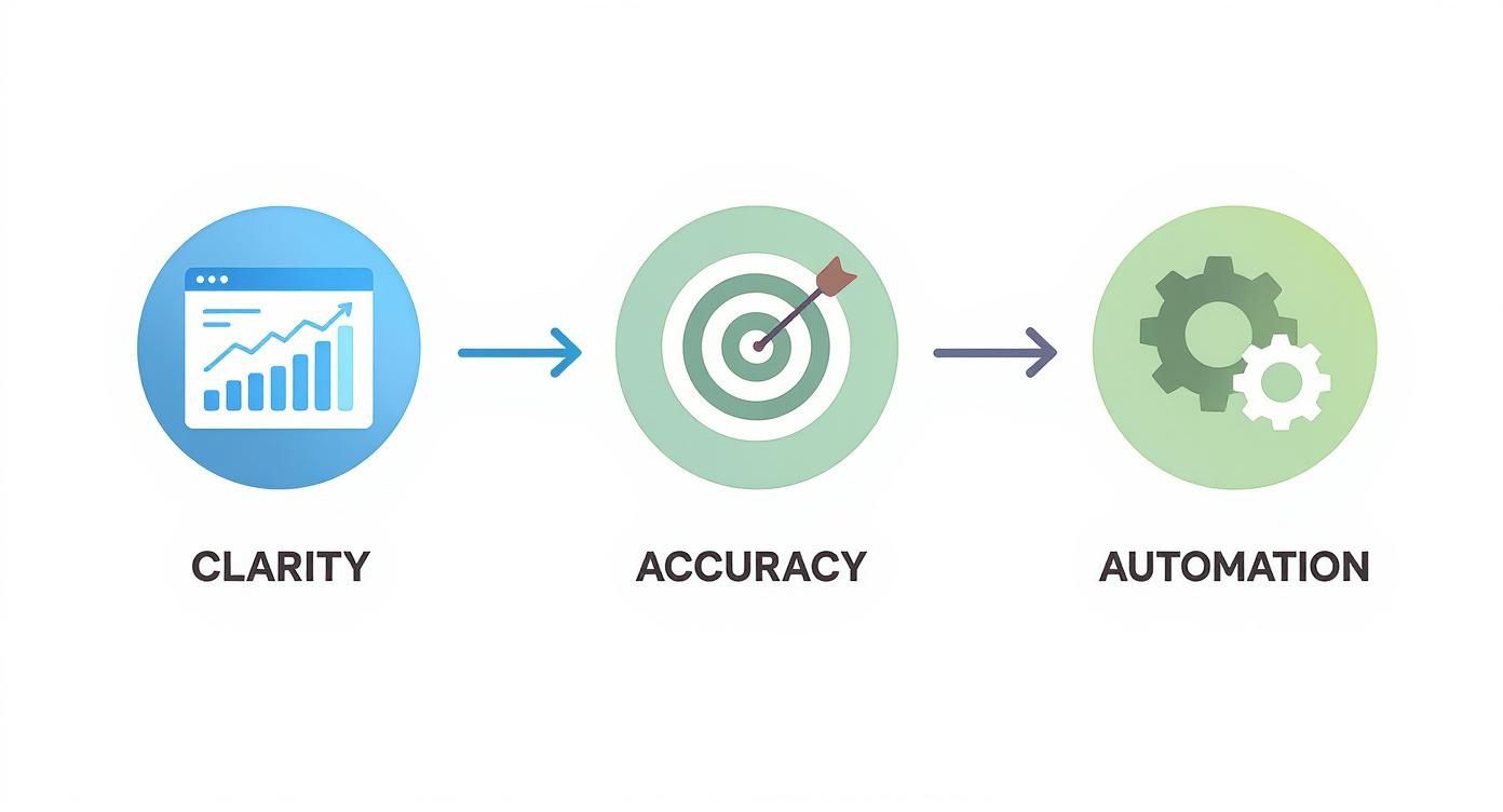 Three circular icons showing progression from clarity through analytics to accuracy with target to automation with gears