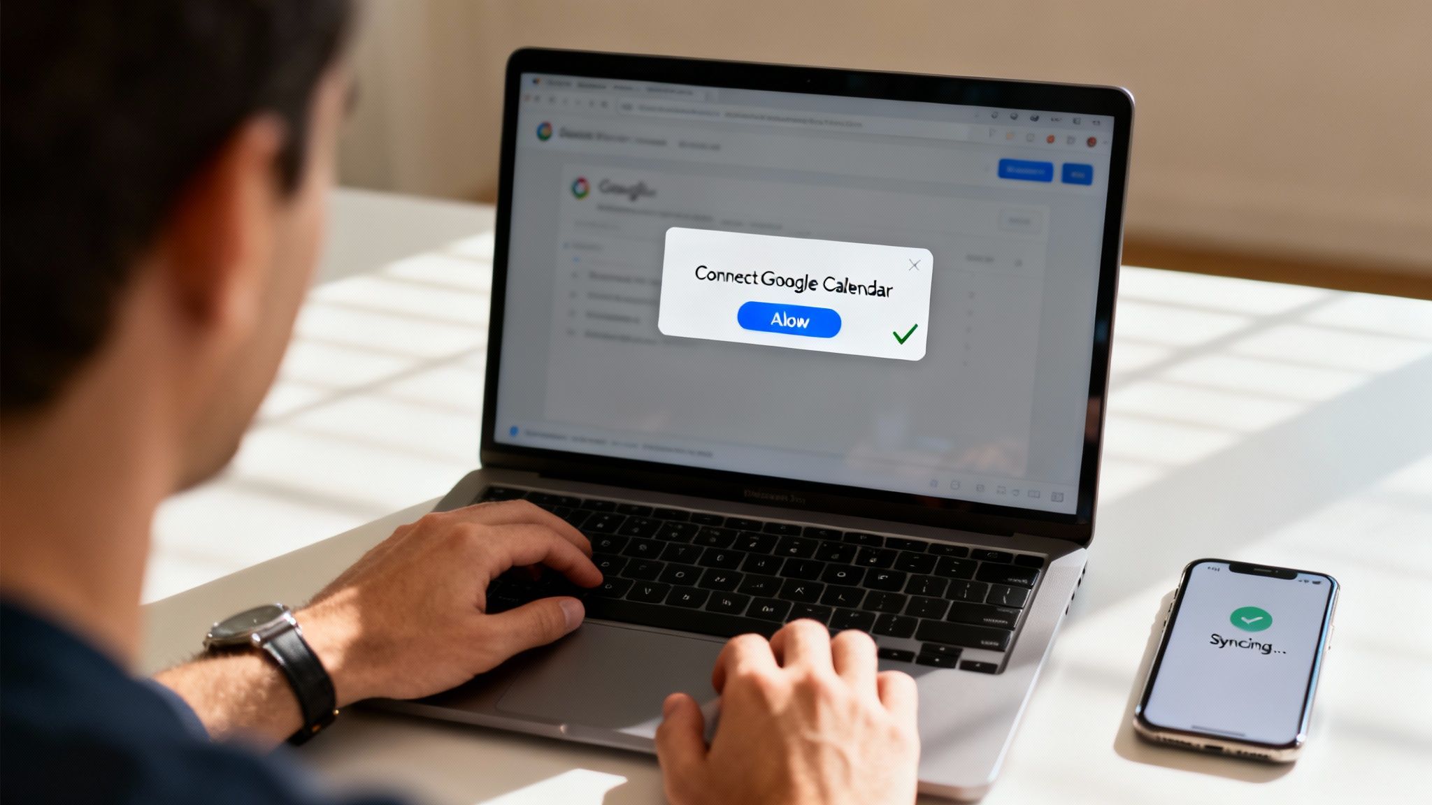 A person connects Google Calendar on a laptop, while a smartphone shows content syncing.