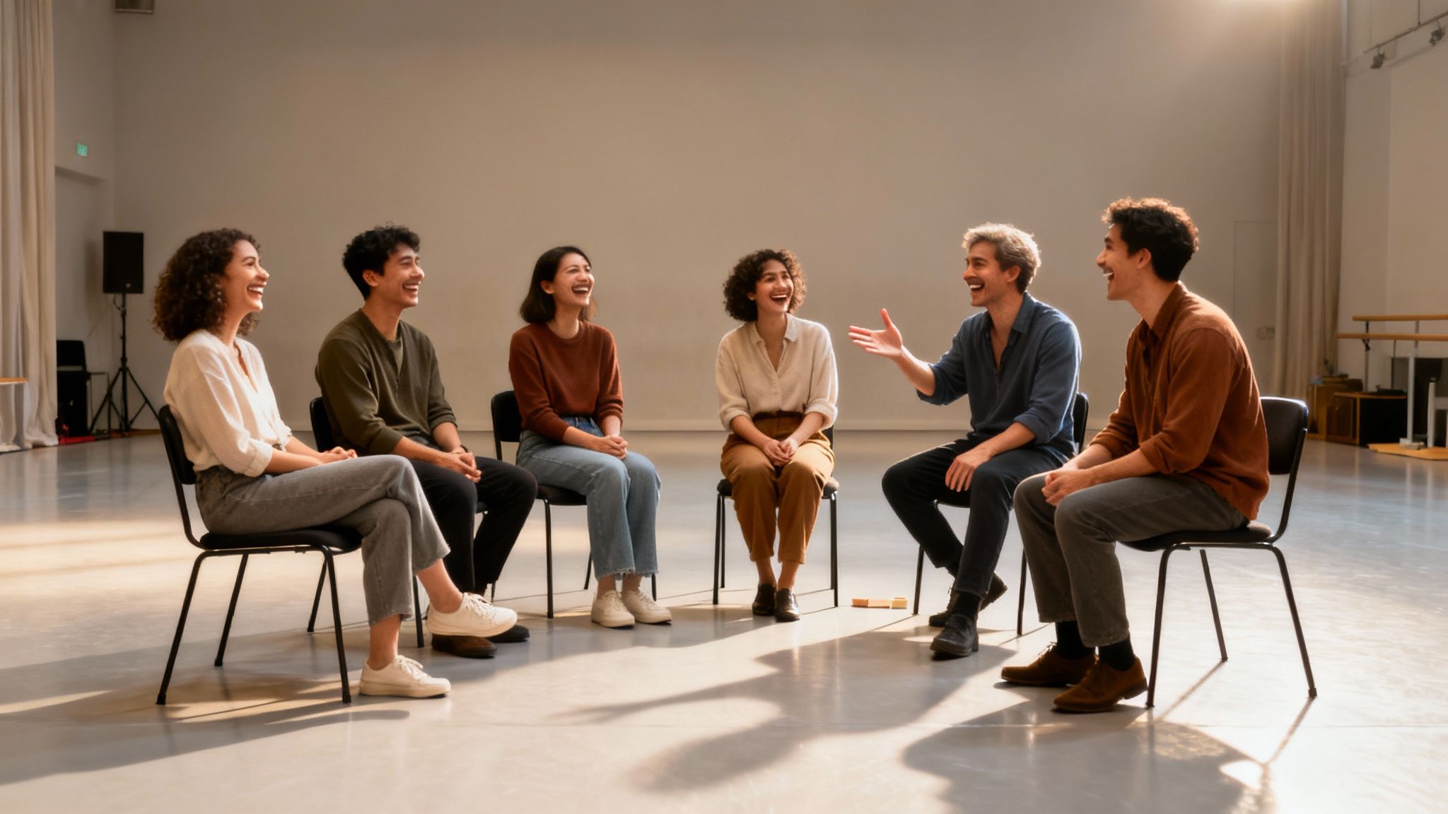 Six diverse people happily sitting in a circle, laughing and talking during a group activity.