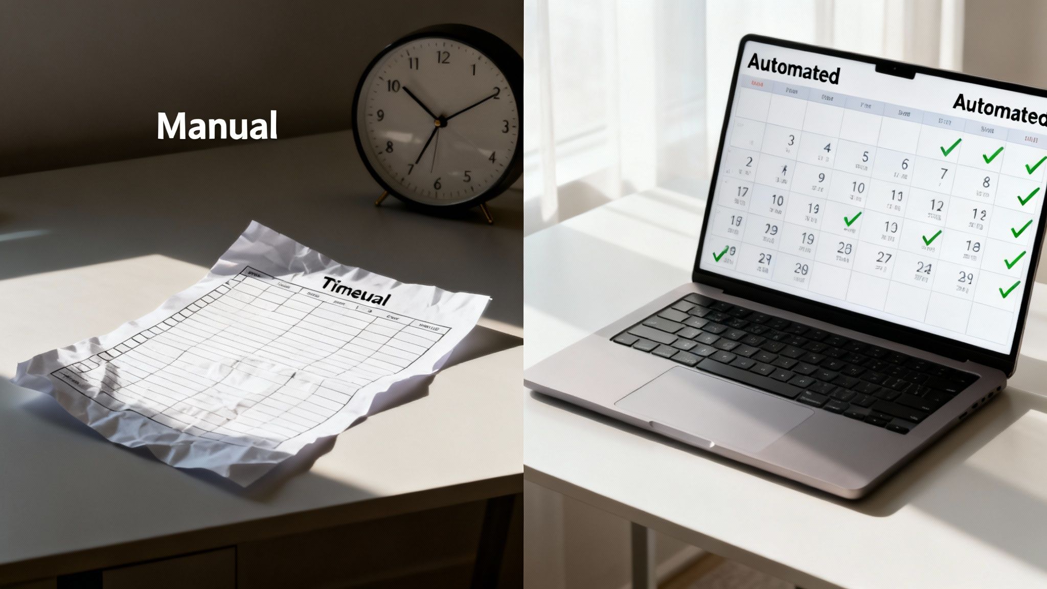A split image comparing manual paper timesheets with a clock, and an automated digital calendar on a laptop.
