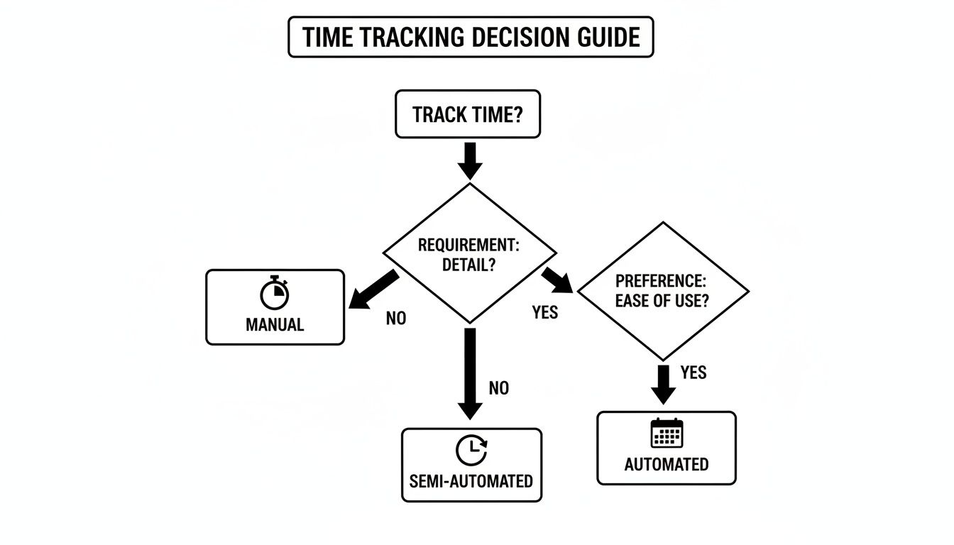 A time tracking decision guide flowchart with options for manual, semi-automated, and automated methods.
