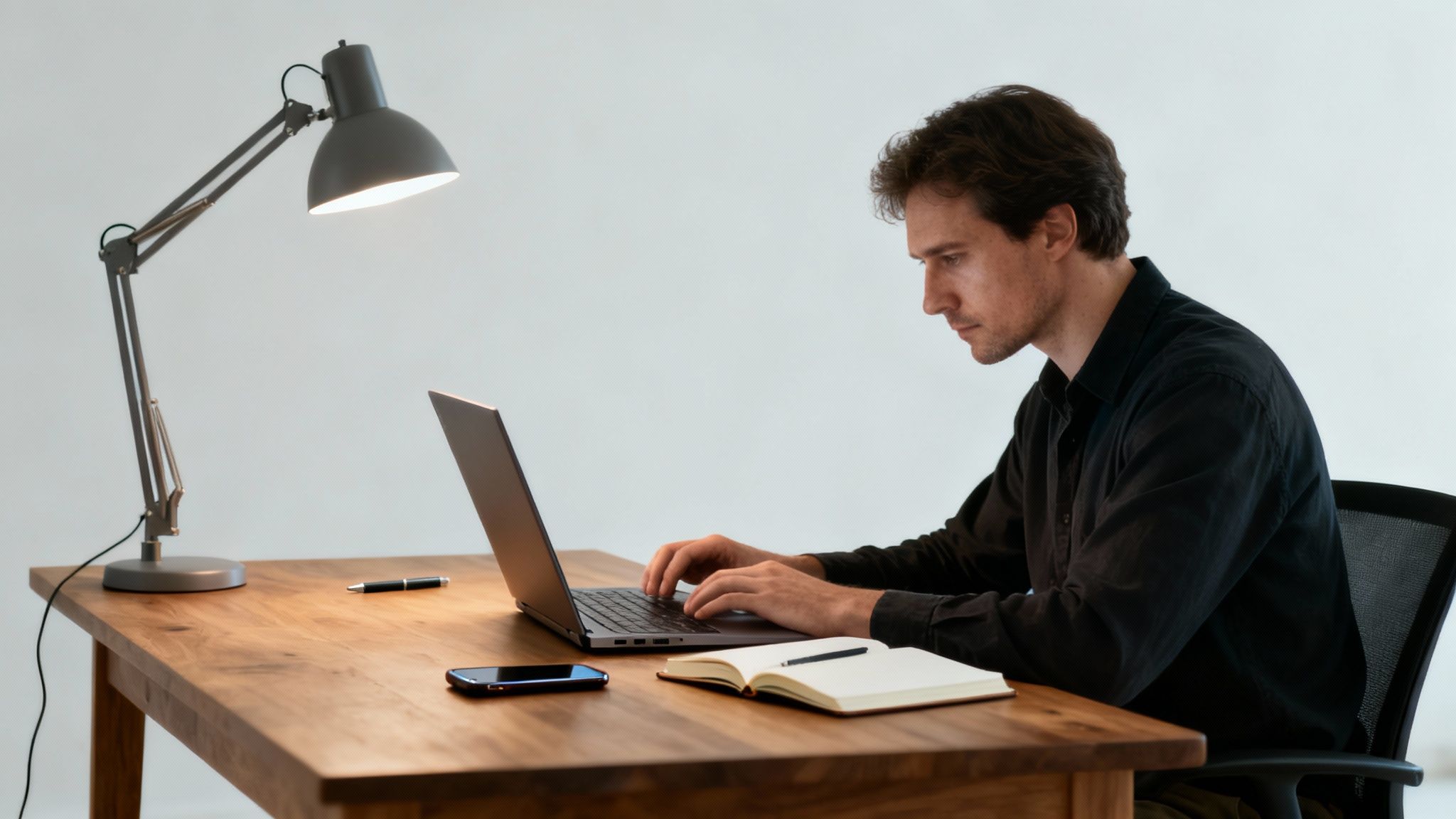 A man in a black shirt works on a laptop at a wooden desk with a lamp and notebook.