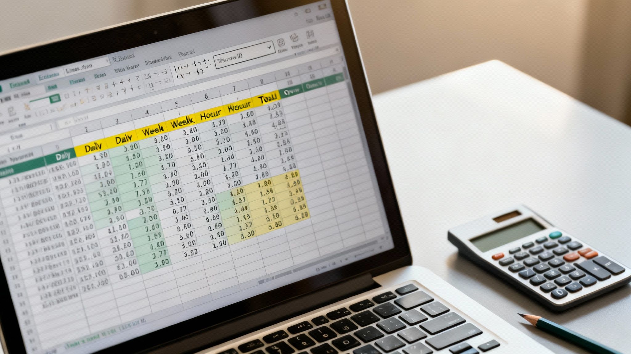 A laptop screen displays a detailed timesheet spreadsheet with numerical data, next to a calculator and pencil.