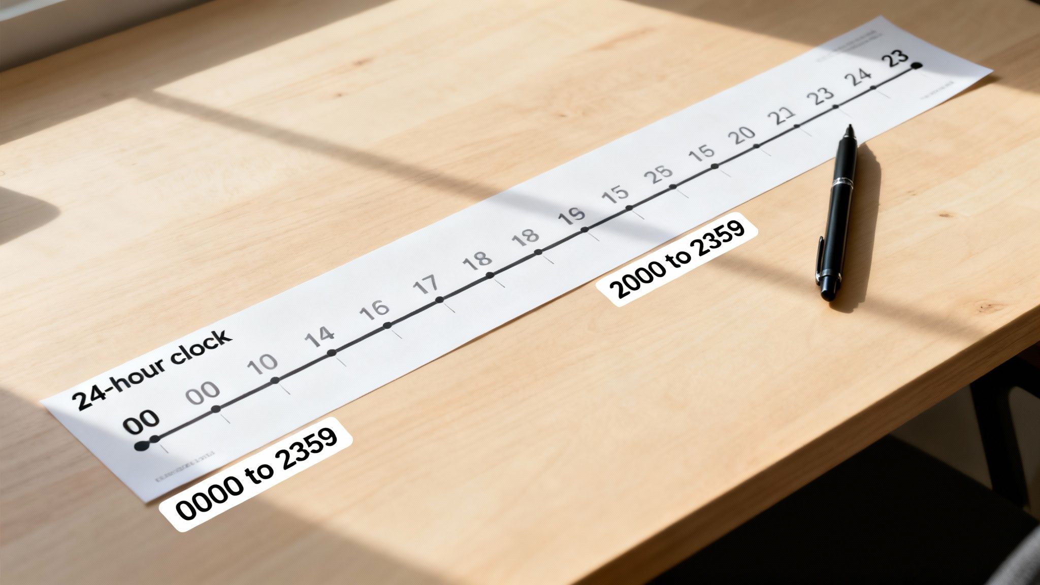 A 24-hour clock timeline from 00 to 23 printed on a paper strip on a wooden desk with a pen.