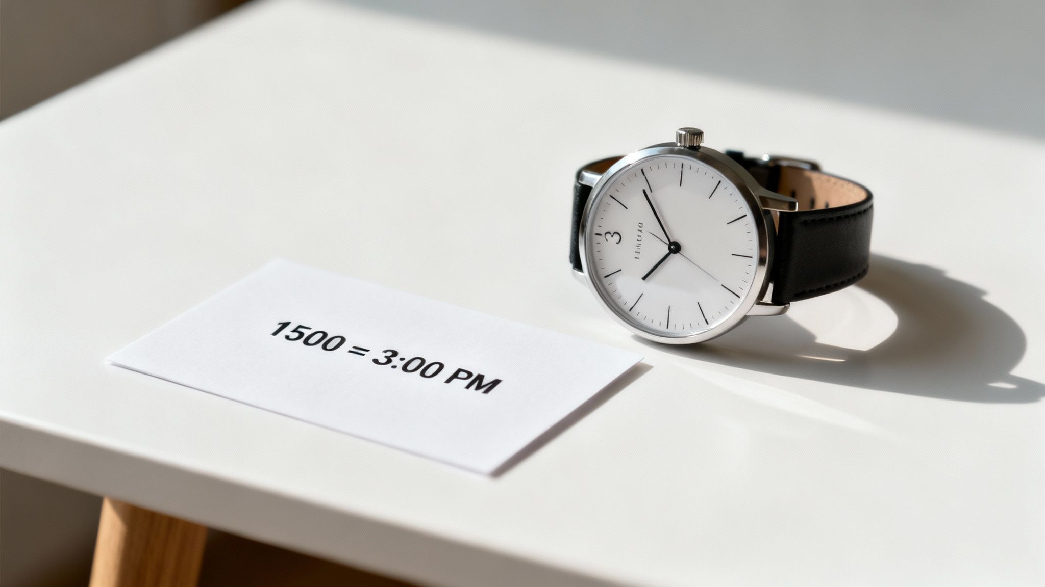 A minimalist watch and a note with '1500 = 3:00 PM' on a white table.