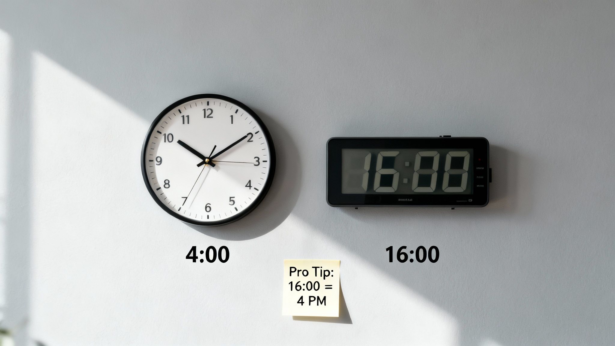 An analog clock showing 4:00 and a digital clock showing 16:00, demonstrating time conversion.
