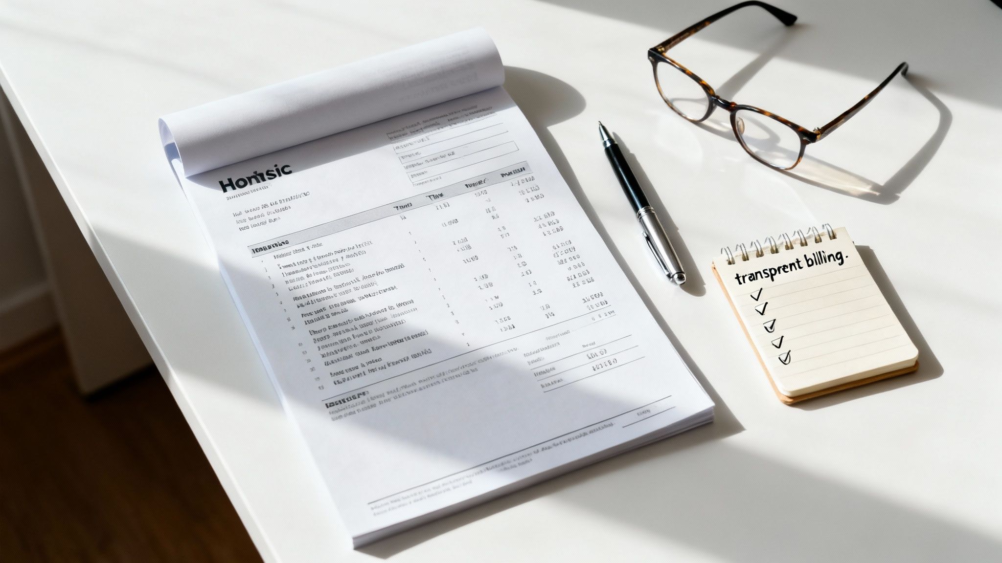 A professional reviewing a document at a desk, symbolizing honest billing practices.
