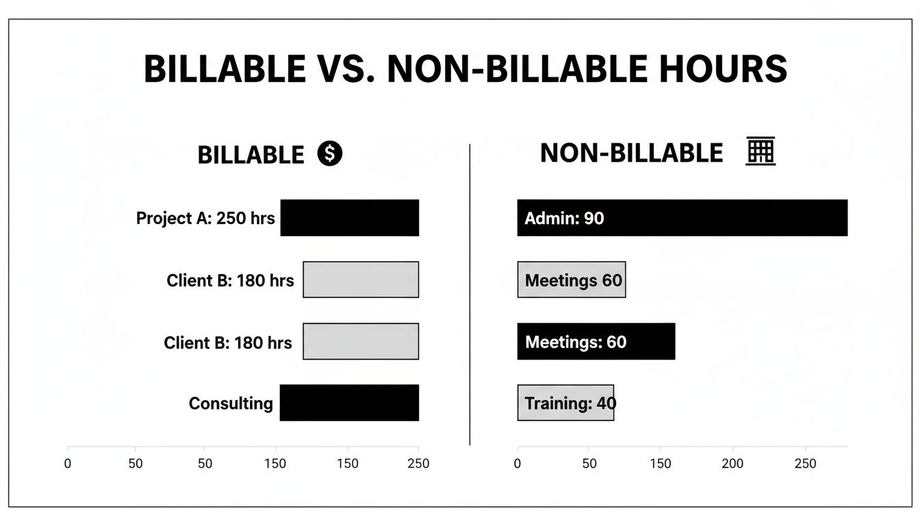 Bar chart comparing billable and non-billable work hours across various categories like projects and admin.