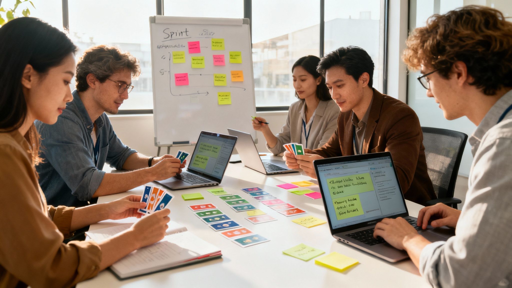 A diverse team sits around a table in a bright office, actively engaged in a sprint planning meeting with laptops and sticky notes.