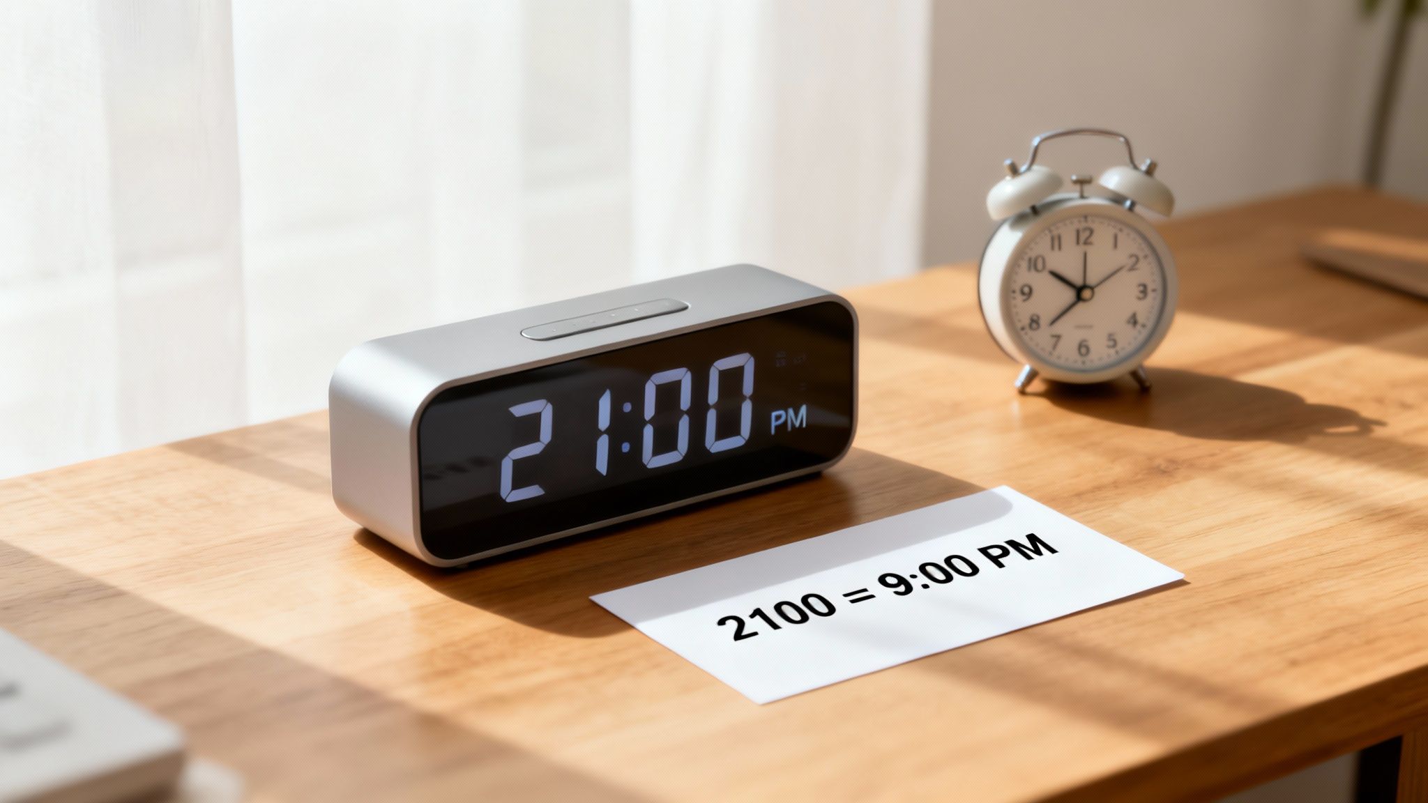 A digital clock showing 21:00 PM next to a note converting 2100 to 9:00 PM.