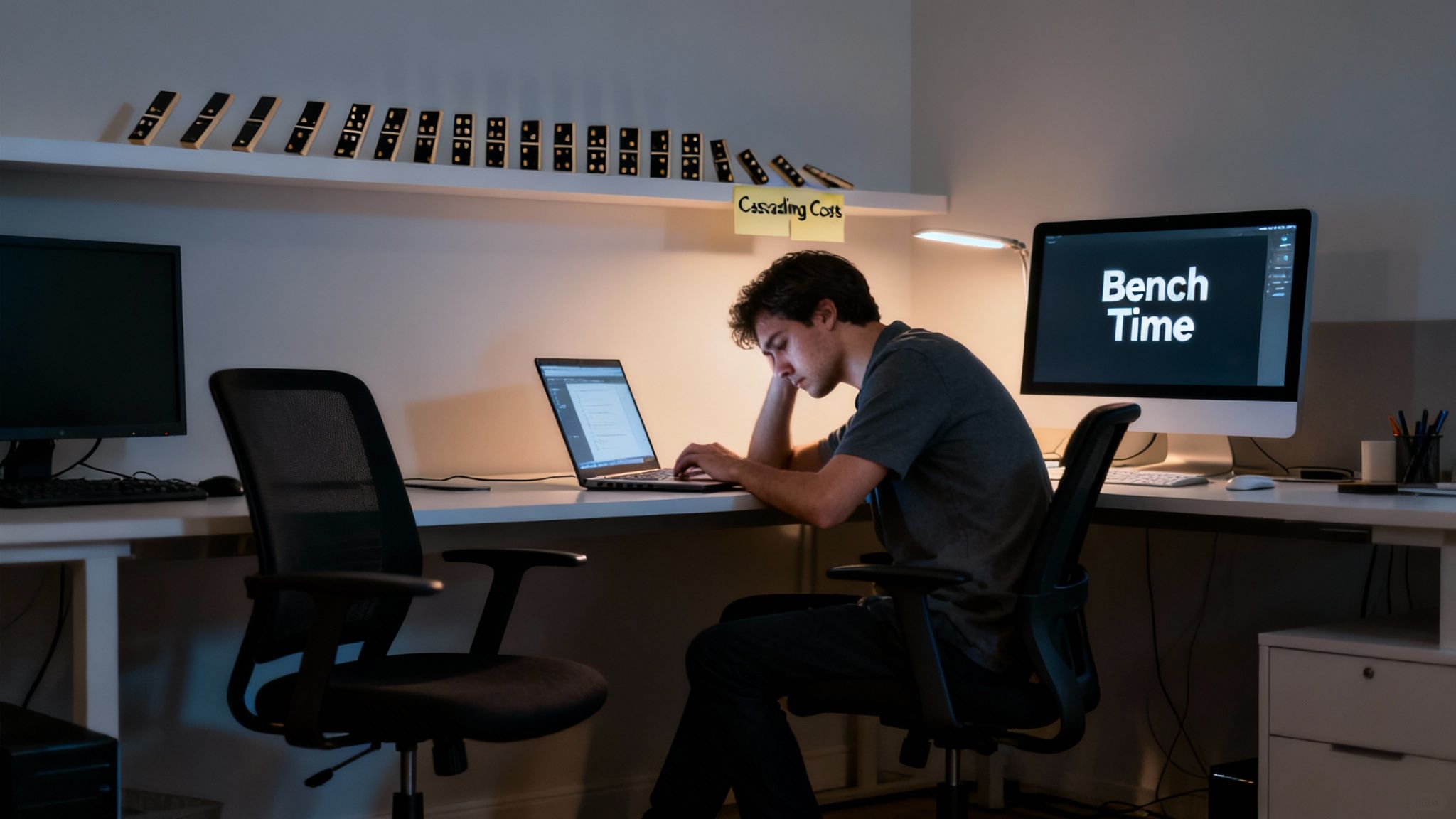 Tired man working on laptop in a dim office with 'Bench Time' on screen and 'Cascading Costs' sticky note.