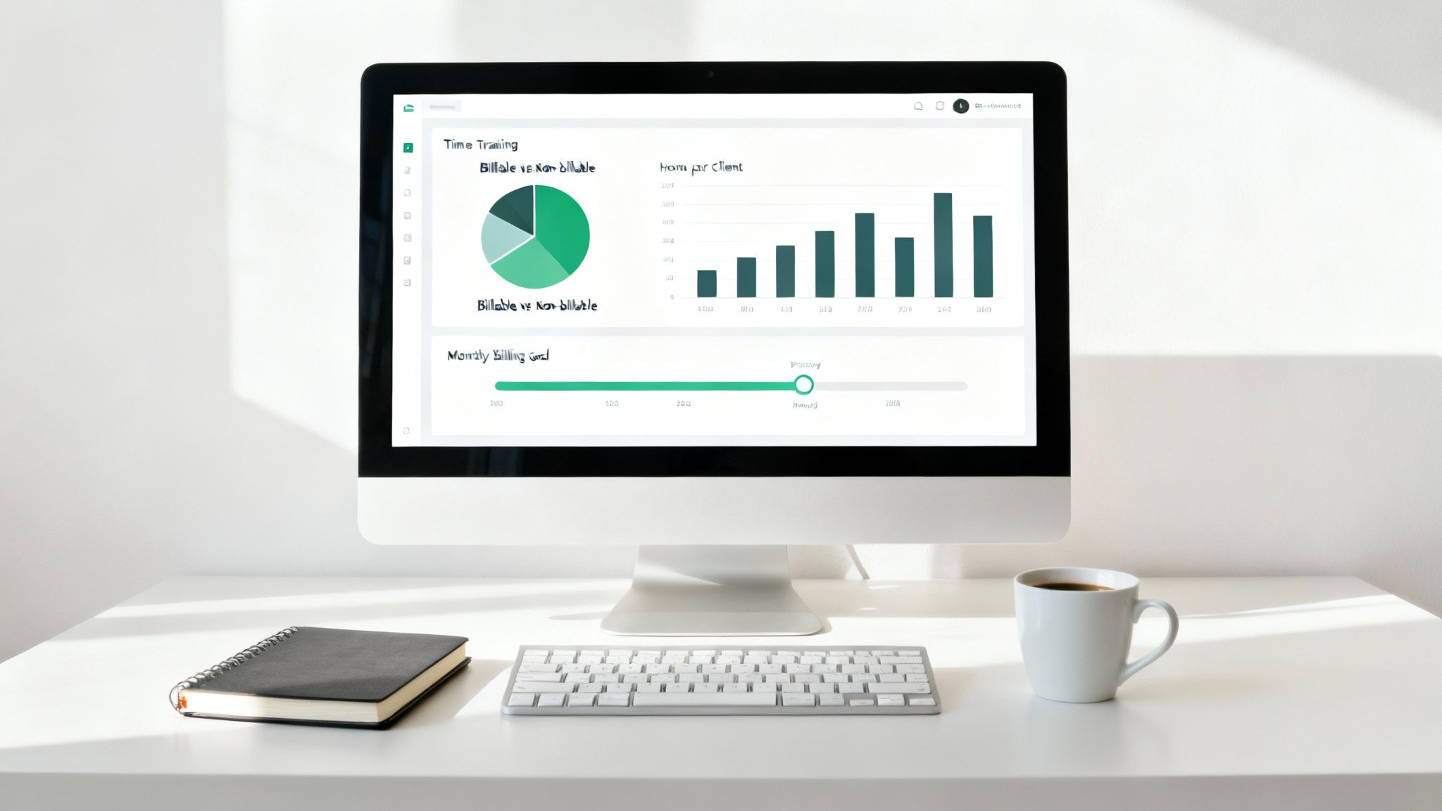 An image of a sleek, modern analytics dashboard with various charts and graphs visualizing time tracking data.