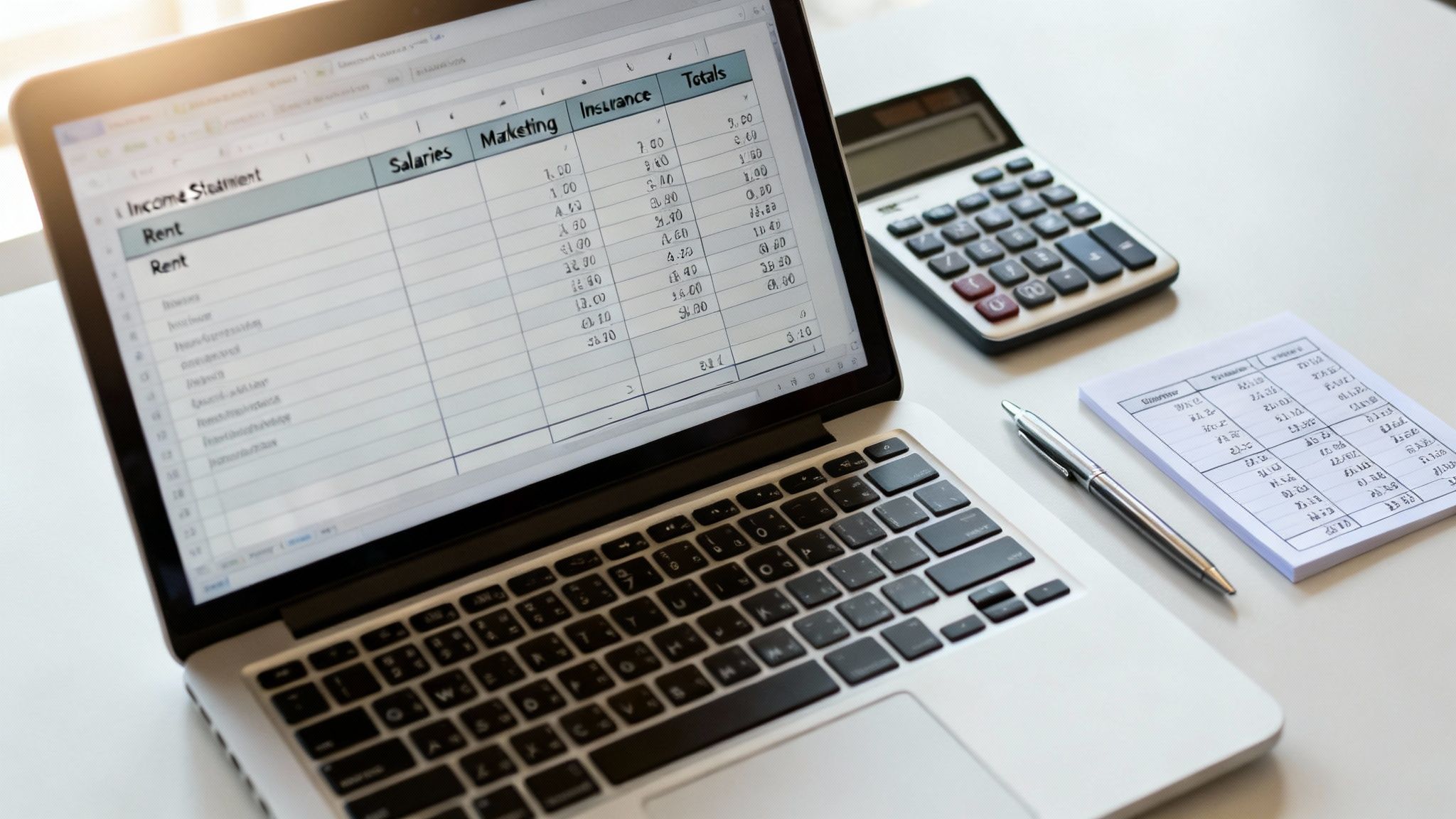 Laptop displaying income statement spreadsheet with expense categories beside calculator and financial documents