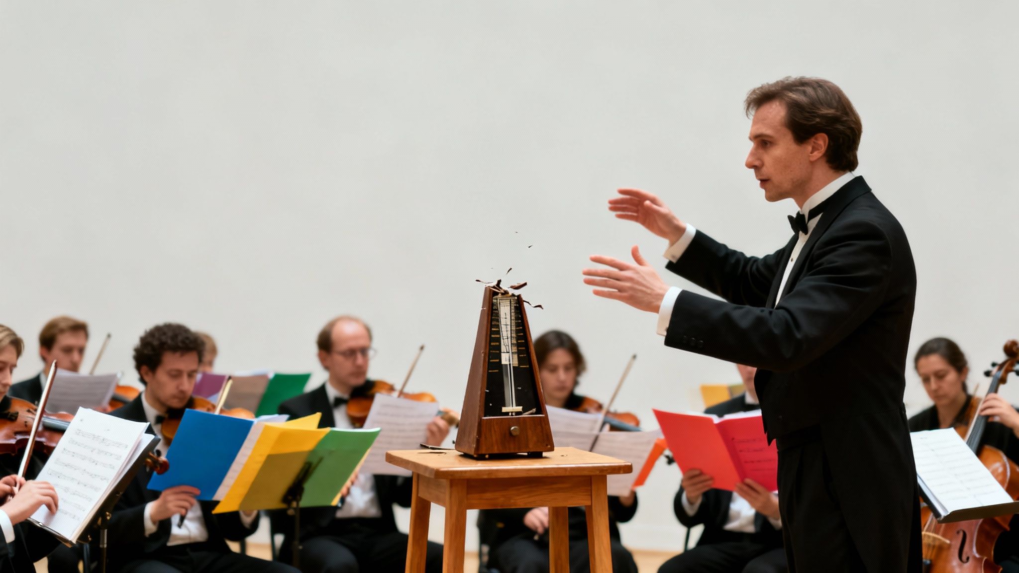 A conductor in a tuxedo leads an orchestra as a metronome dramatically explodes on a table.