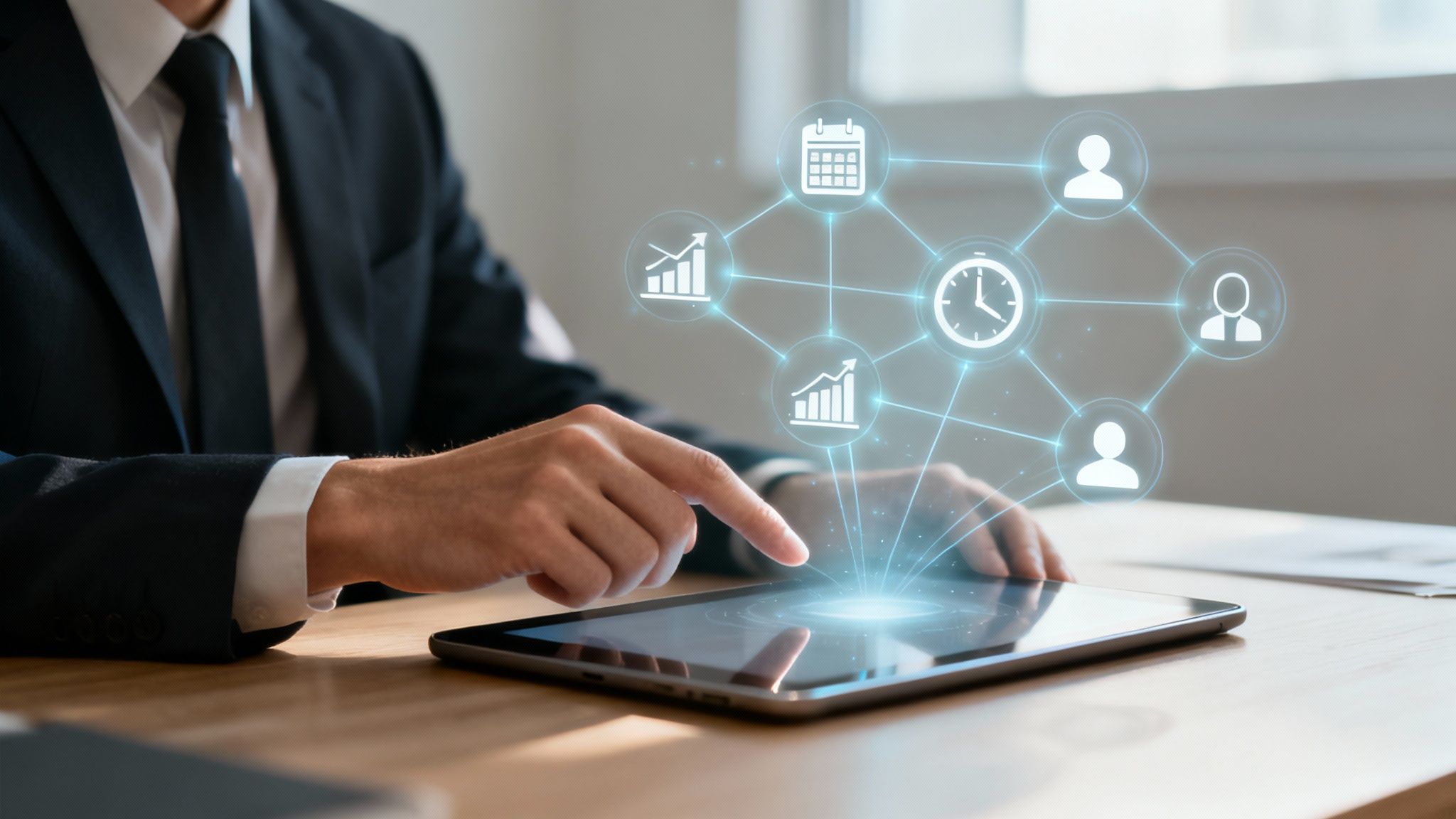 Hands of a man in a suit touching a tablet with glowing digital project management icons.