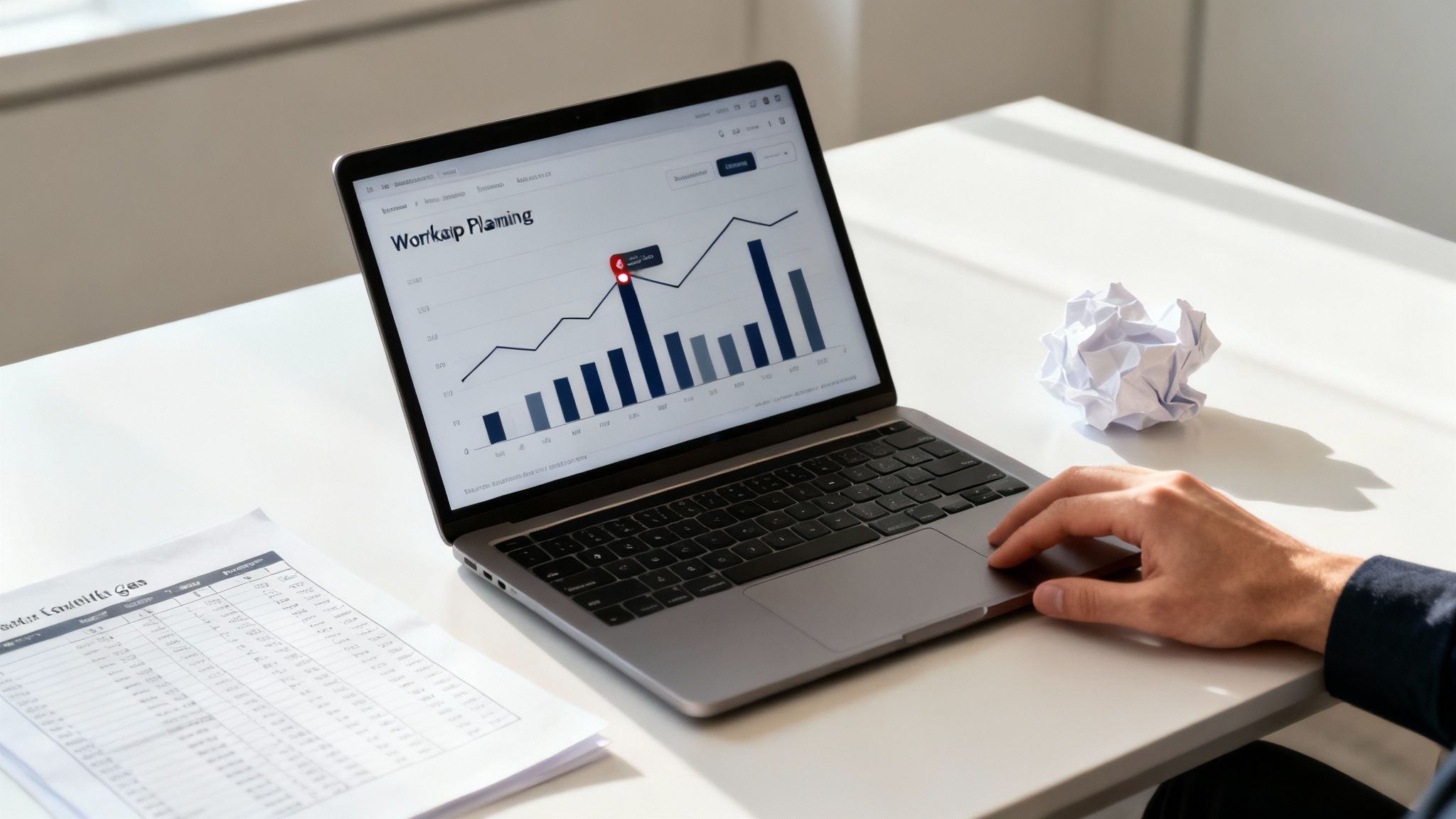 A person at a desk looking stressed while working on a spreadsheet with multiple charts and graphs.
