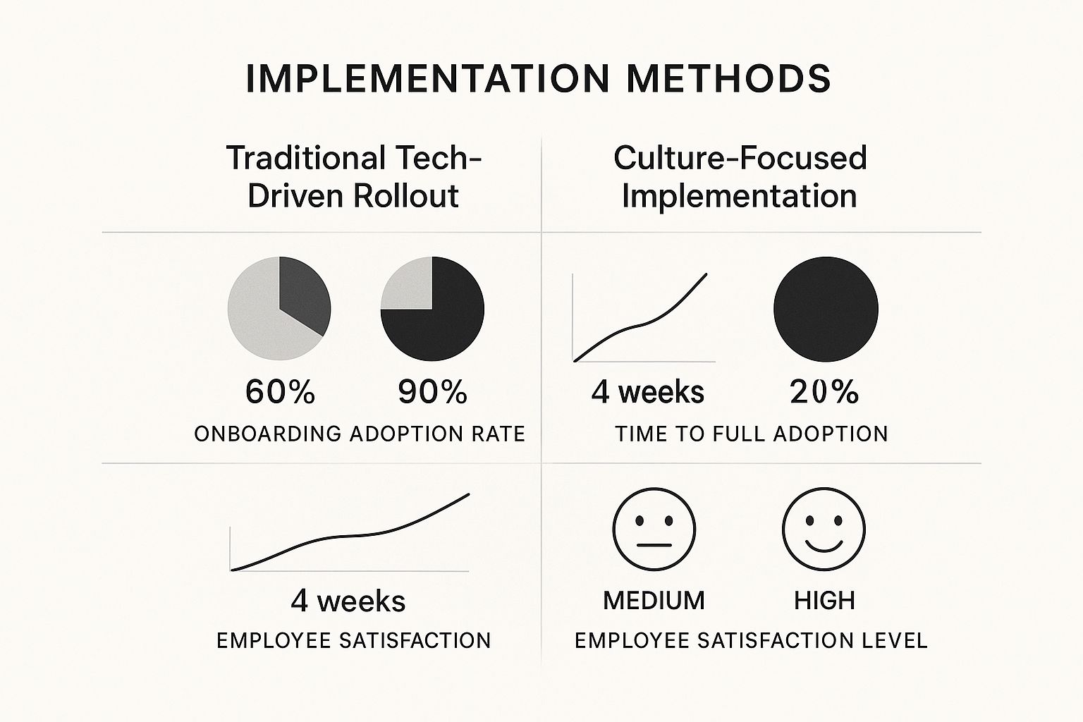 Infographic comparing a culture-focused implementation of time tracking with a traditional tech-driven rollout, showing higher adoption and satisfaction.