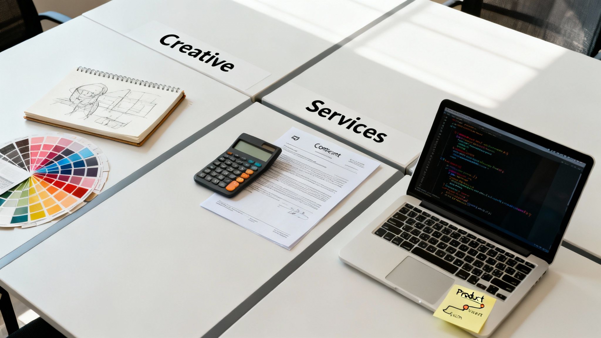 A white desk workspace with creative sketches, a color palette, calculator, contract, and a laptop displaying code.