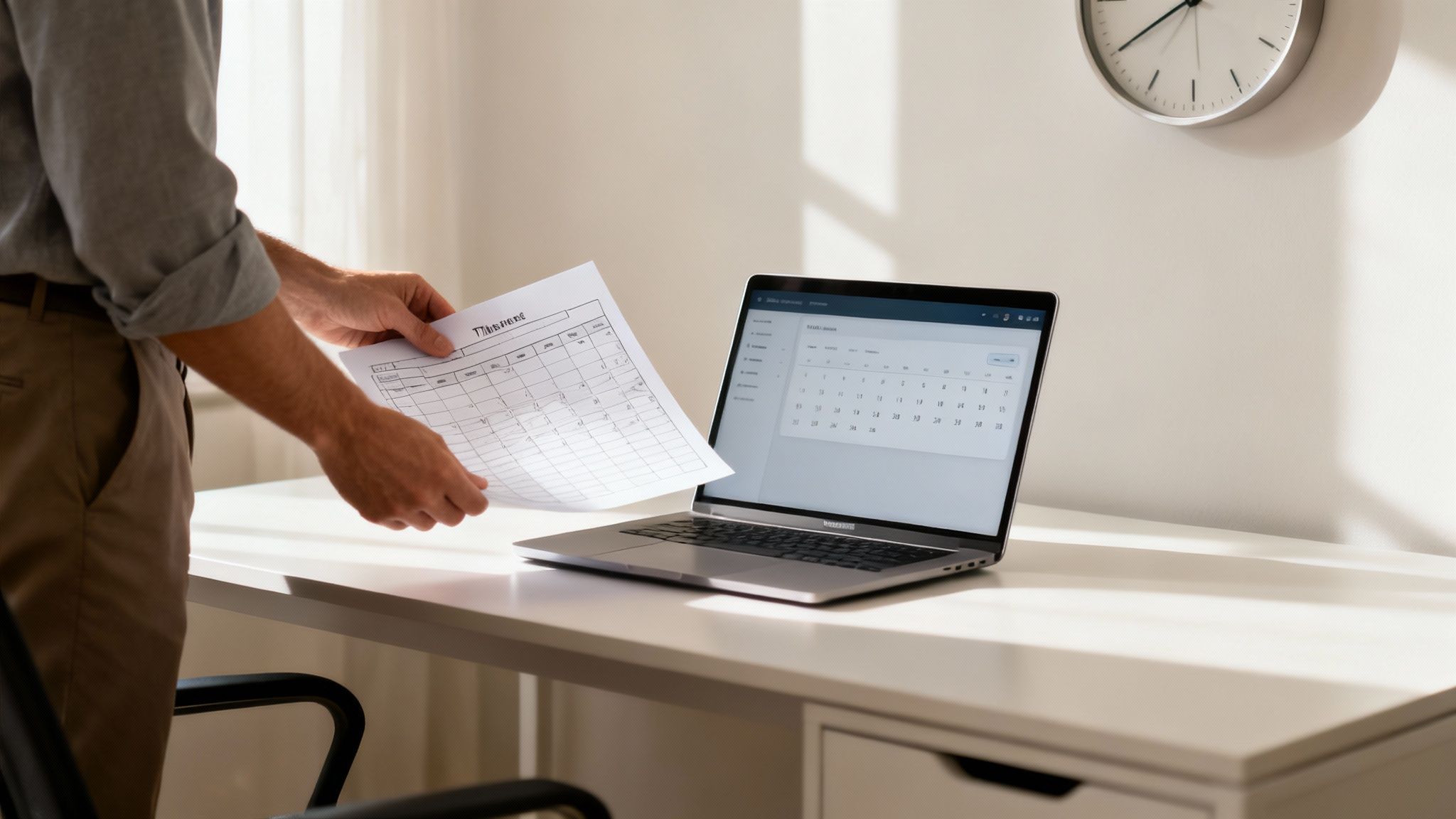 A person compares a paper time tracking sheet with a digital calendar on a laptop.