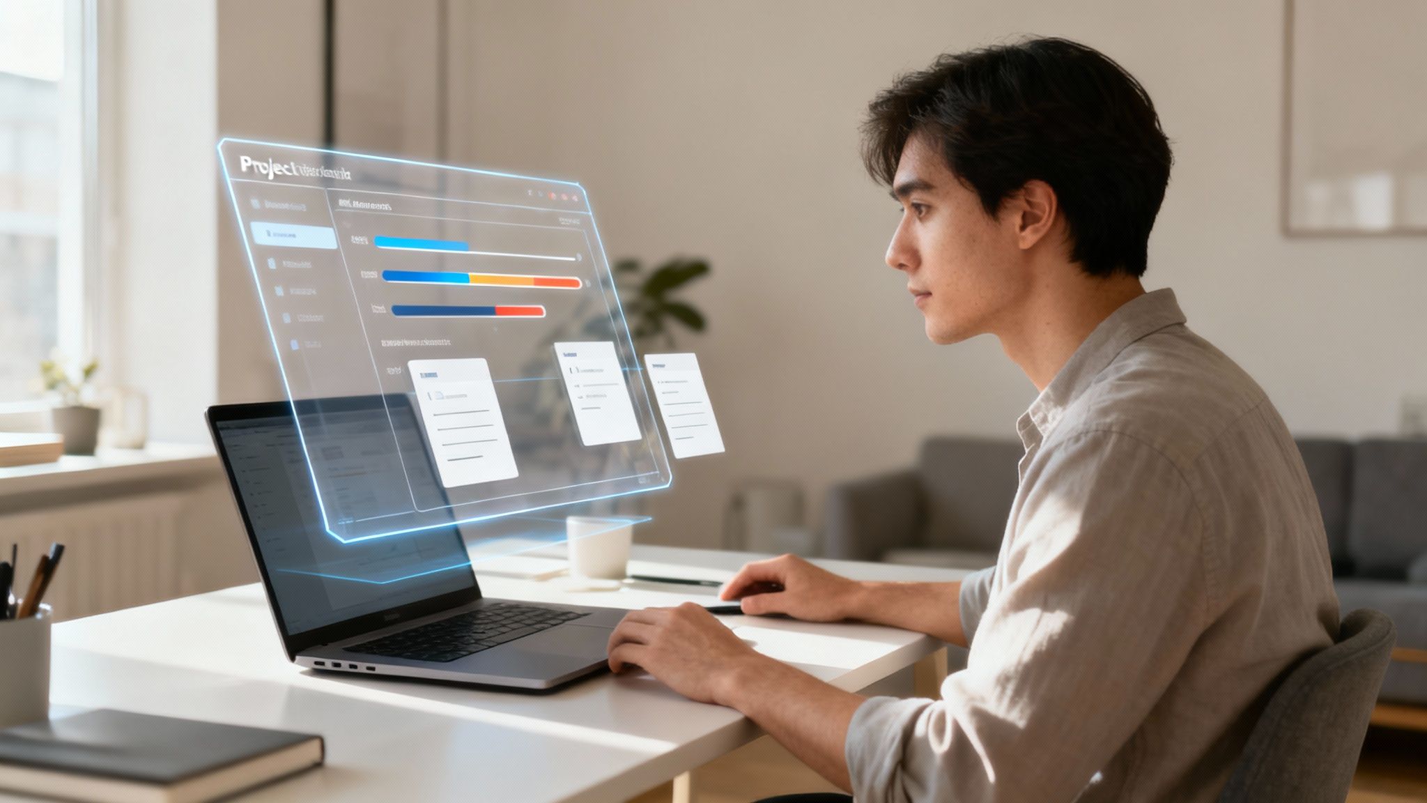 A team collaborating remotely using laptops and digital tools, symbolizing efficient remote work.