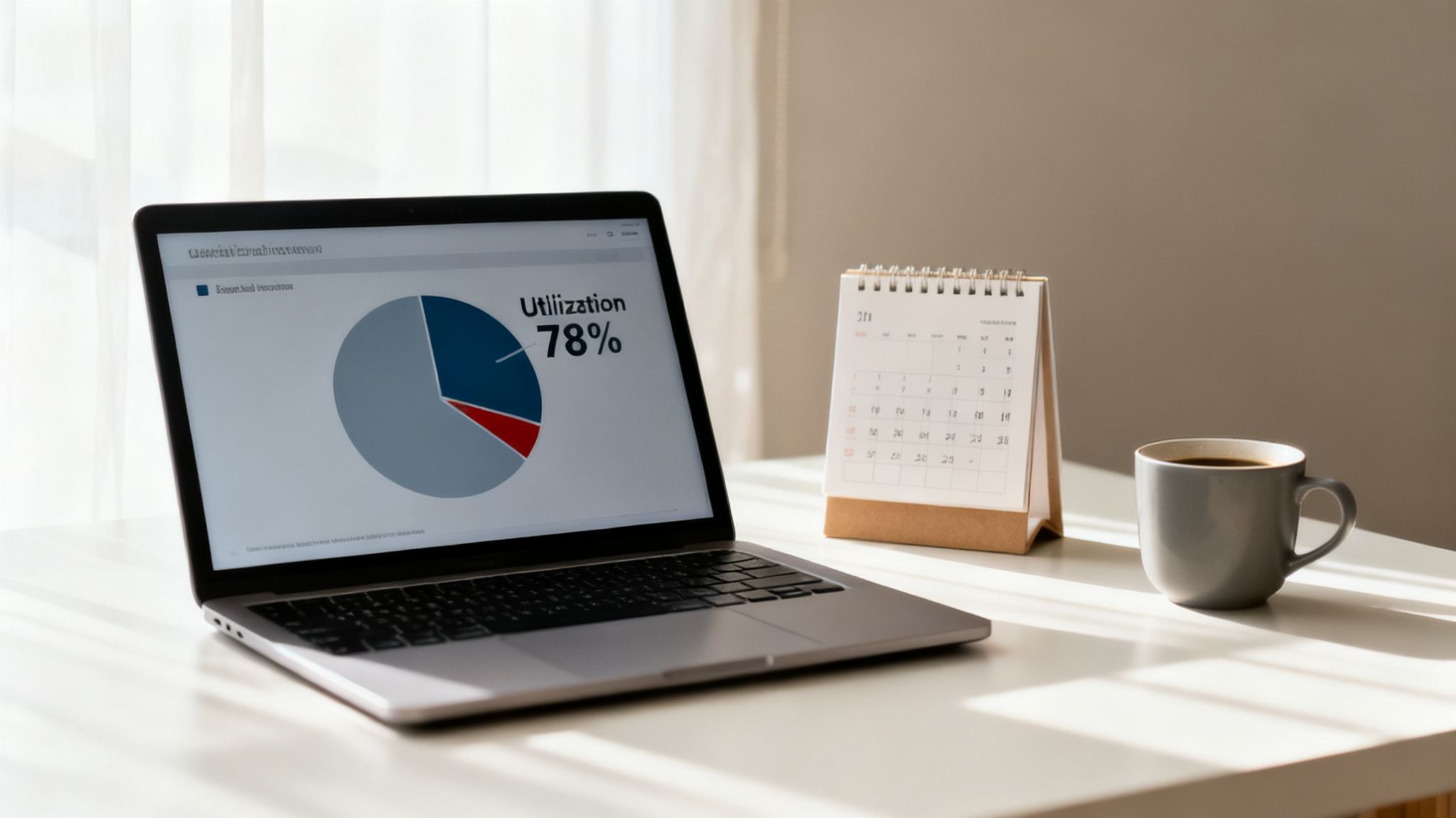 A laptop displaying a "Utilization 78%" pie chart on a desk with a calendar and coffee mug.