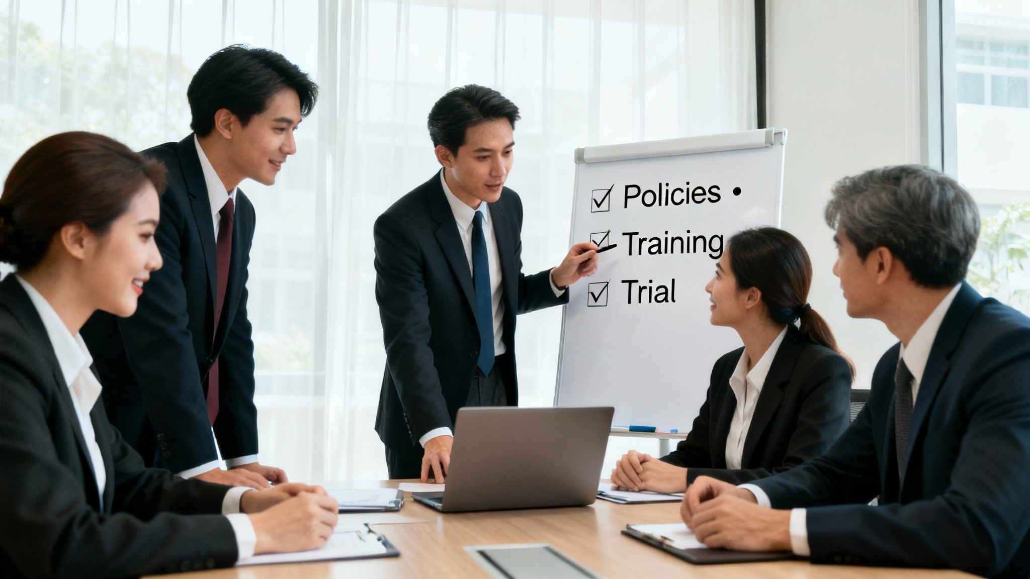 A team of lawyers collaborating in a modern office, planning the software implementation.
