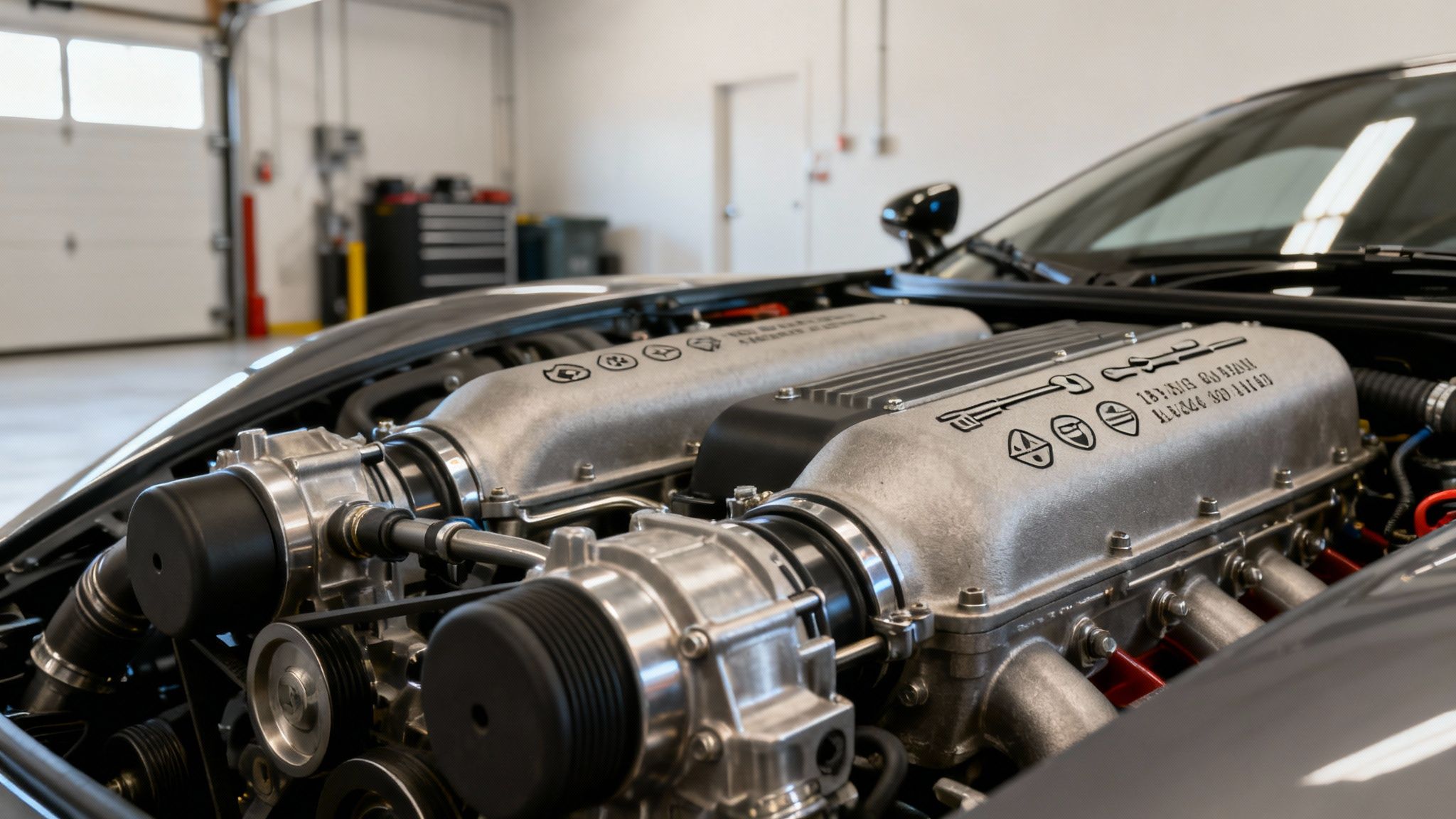 High-performance luxury car engine bay with polished aluminum components in professional garage