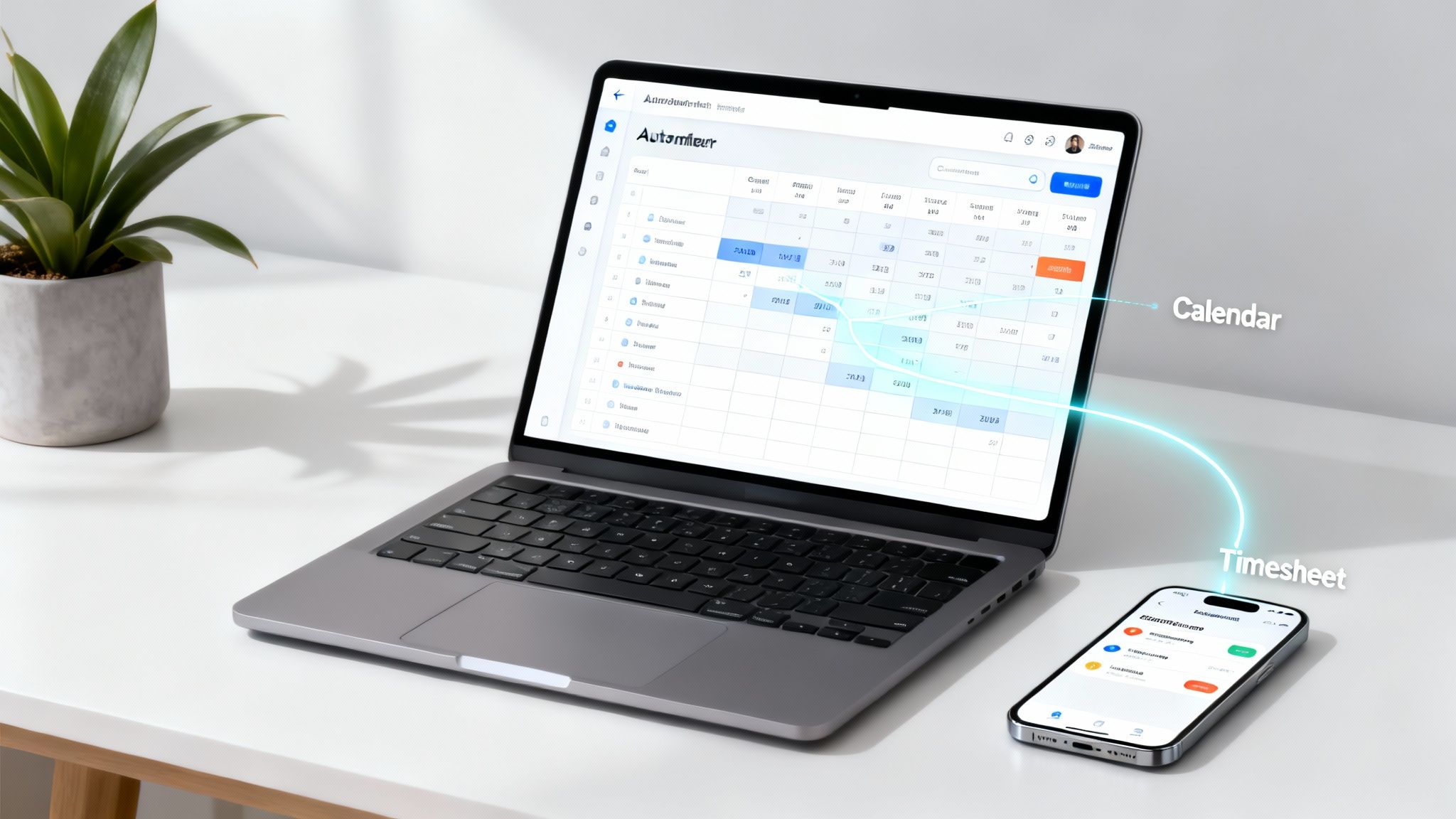 A laptop and smartphone display calendar and timesheet apps, connected by a glowing line, on a desk.