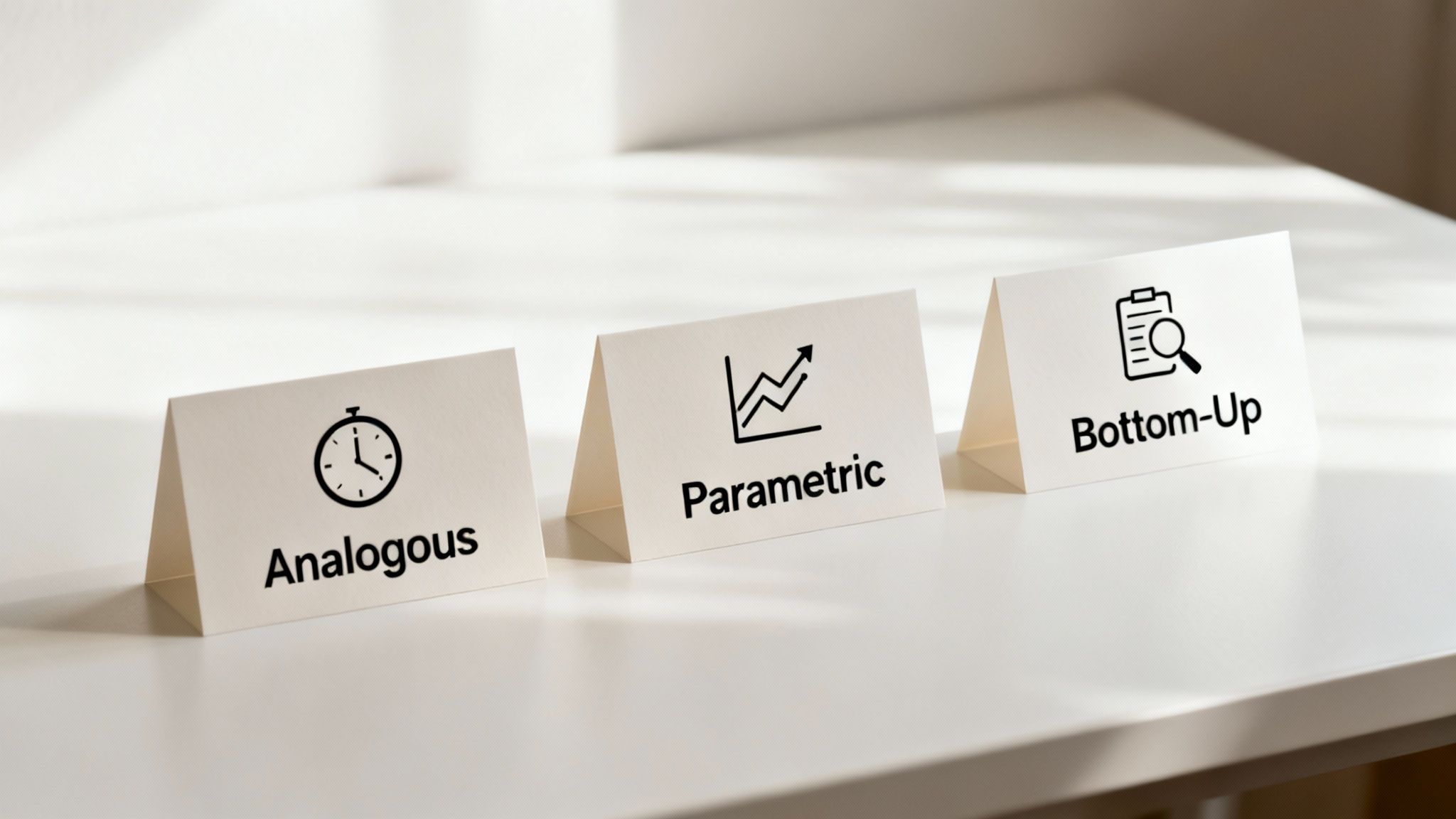 White cards displaying Analogous, Parametric, and Bottom-Up cost estimation methods with icons.