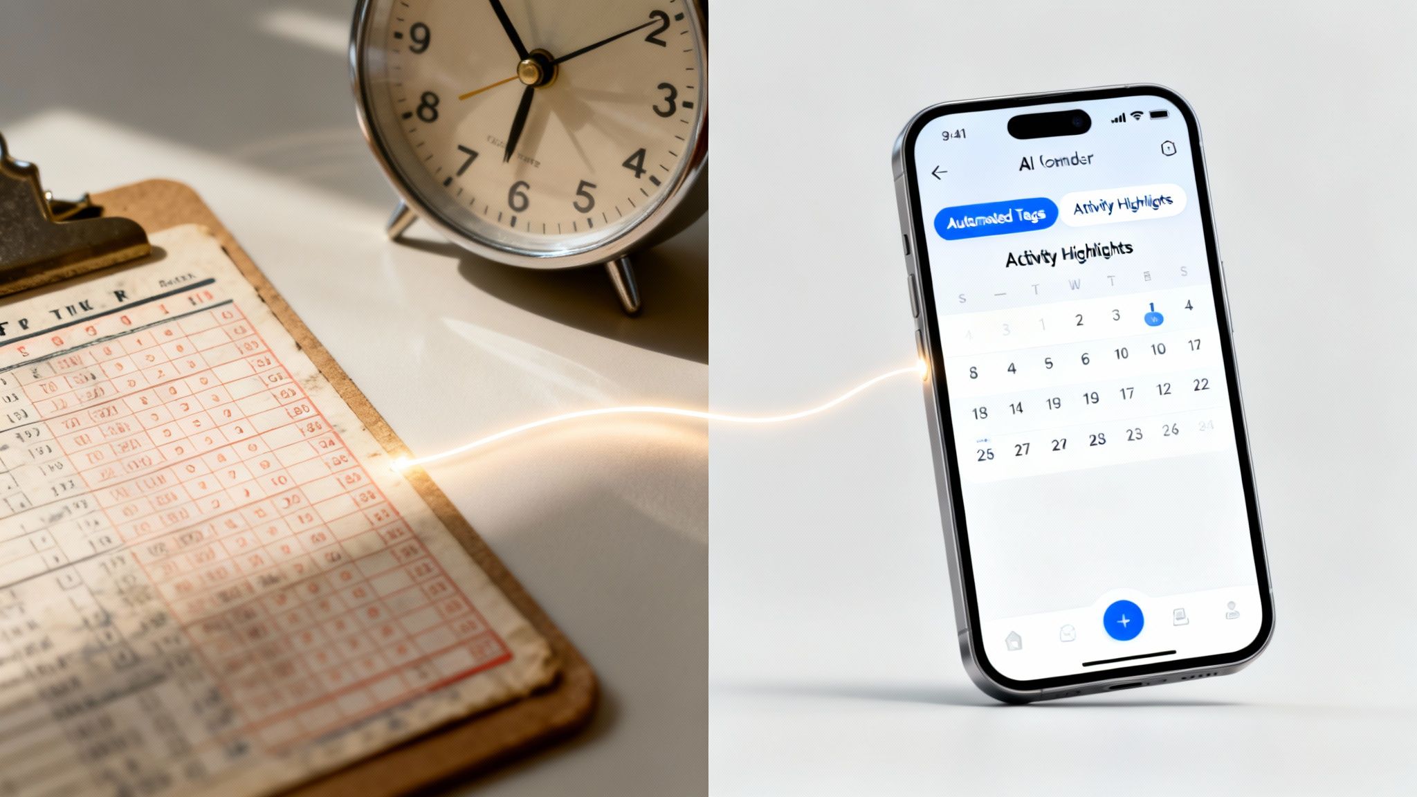 A manual time log and analog clock juxtaposed with a modern digital time tracking app on a smartphone.