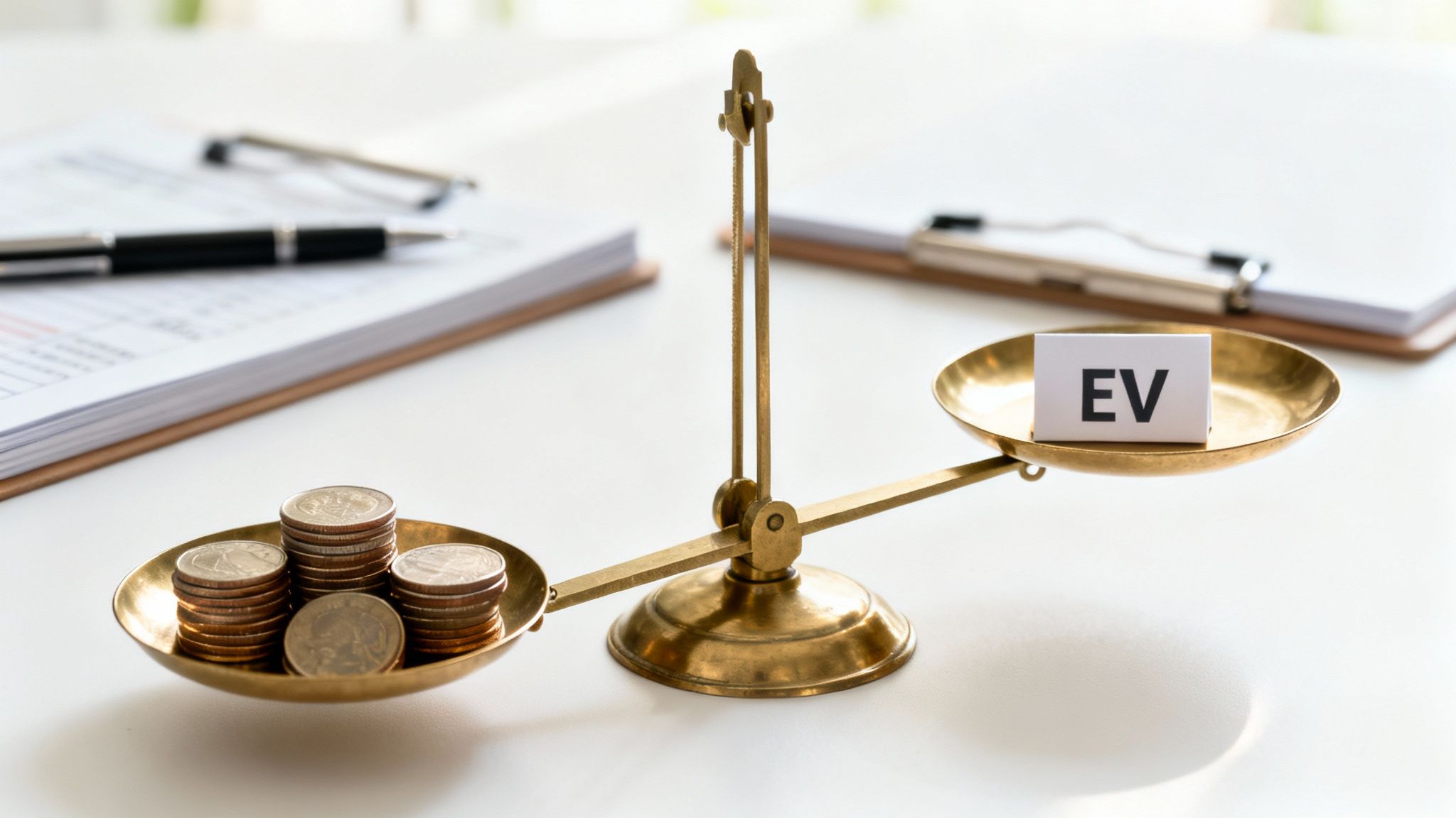Brass scales balancing stacked coins on one pan and a card with 'EV' on the other, symbolizing project cost efficiency.