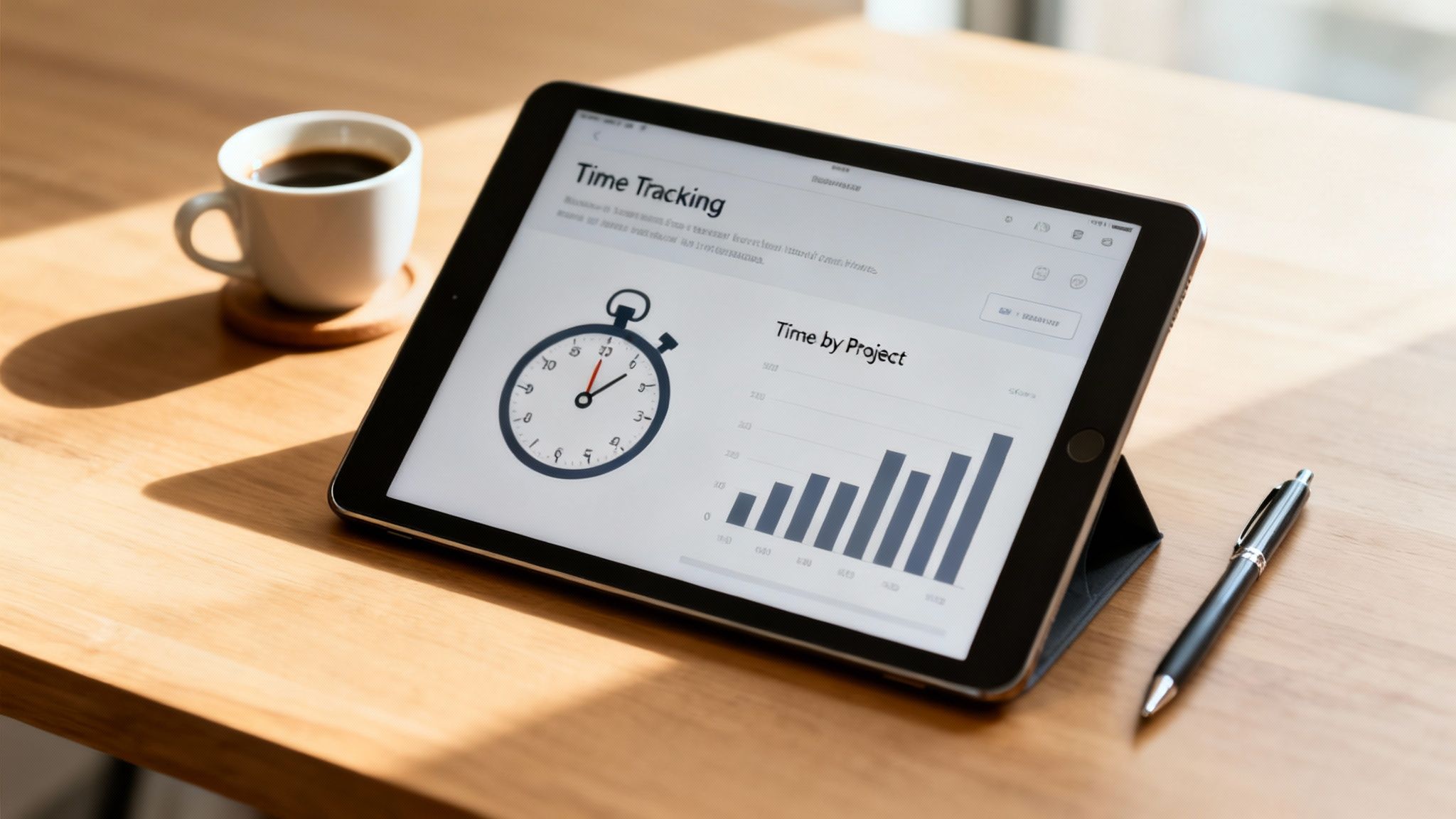 A tablet on a wooden table displays a time tracking app featuring a stopwatch and bar chart.