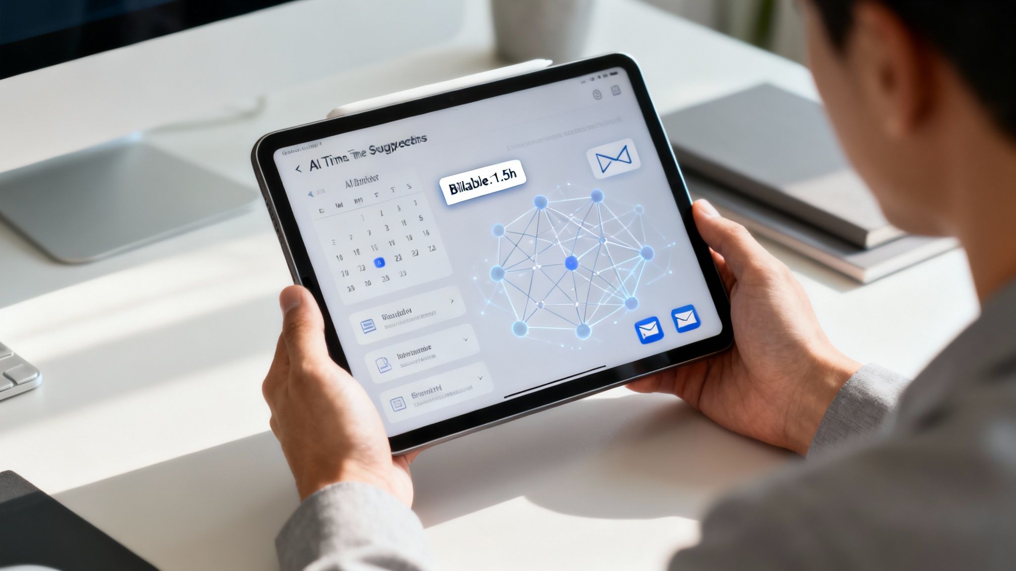 A person holds a tablet displaying a time tracking application with 'Billable: 1.5h' and a calendar.