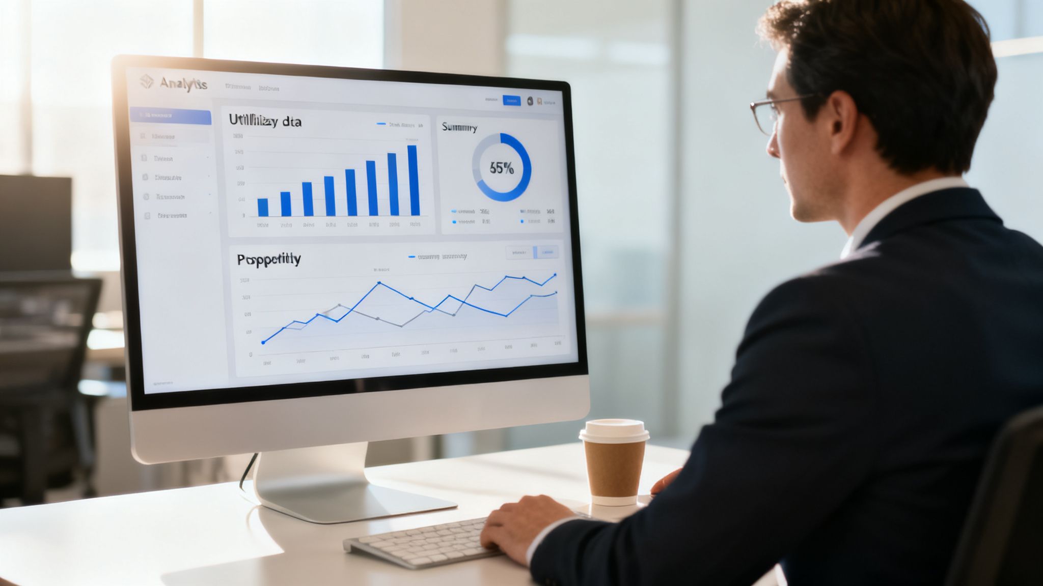 A businessman analyzes data on a desktop computer with charts and graphs in an office.