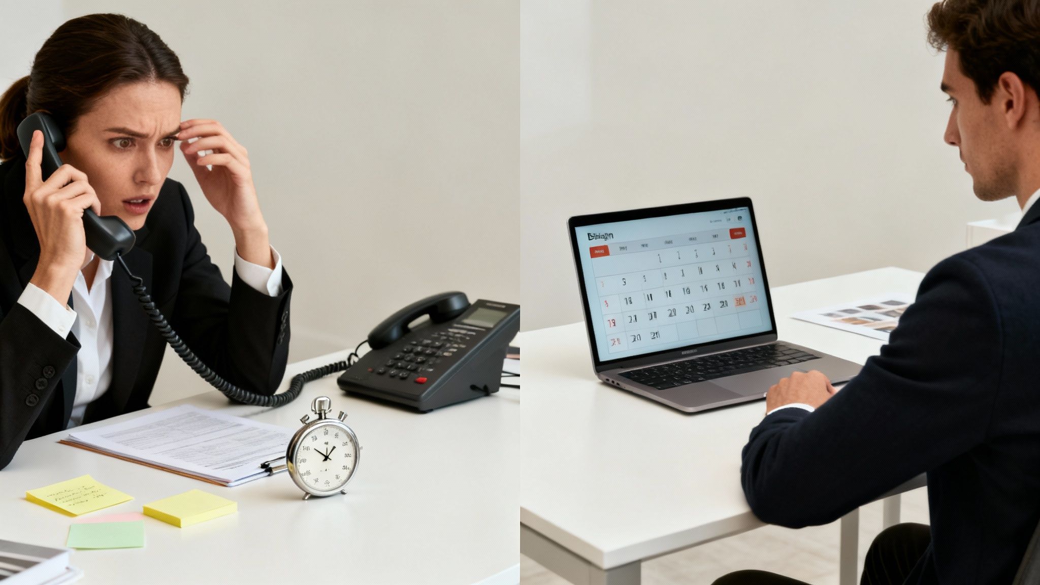 Stressed businesswoman on the phone next to a stopwatch, and a man reviewing his calendar on a laptop.