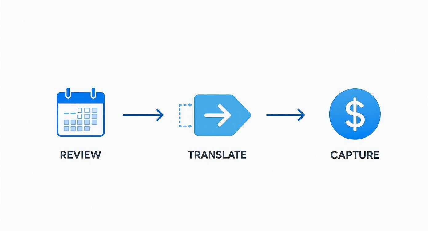 A workflow diagram illustrating a three-step process: review, translate, and capture, each with an icon.