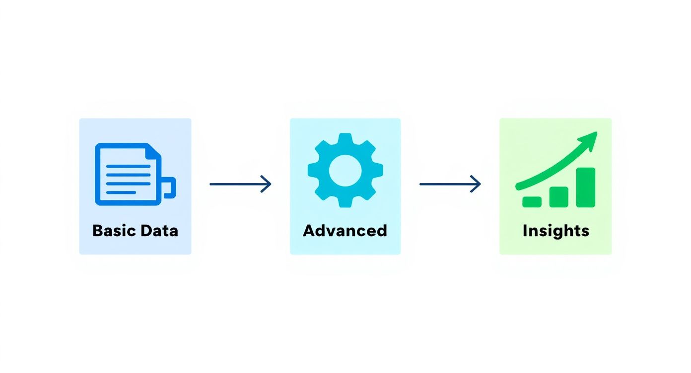 A three-step infographic showing Basic Data transforming through Advanced processing into valuable Insights.